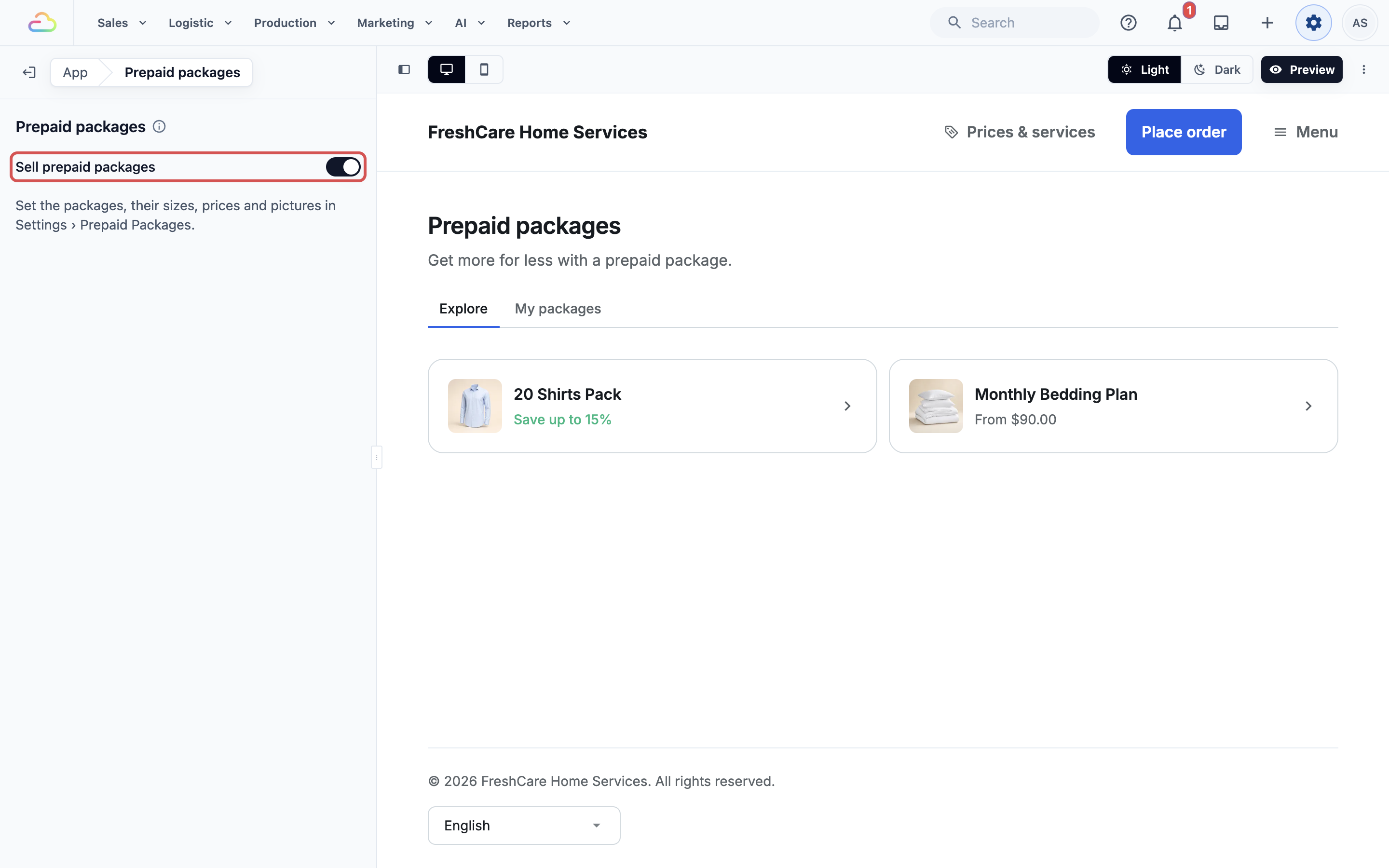 Edit Online Store › Prepaid packages with Sell prepaid packages switched on and marked, and the store preview listing 20 Shirts Pack and Monthly Bedding Plan