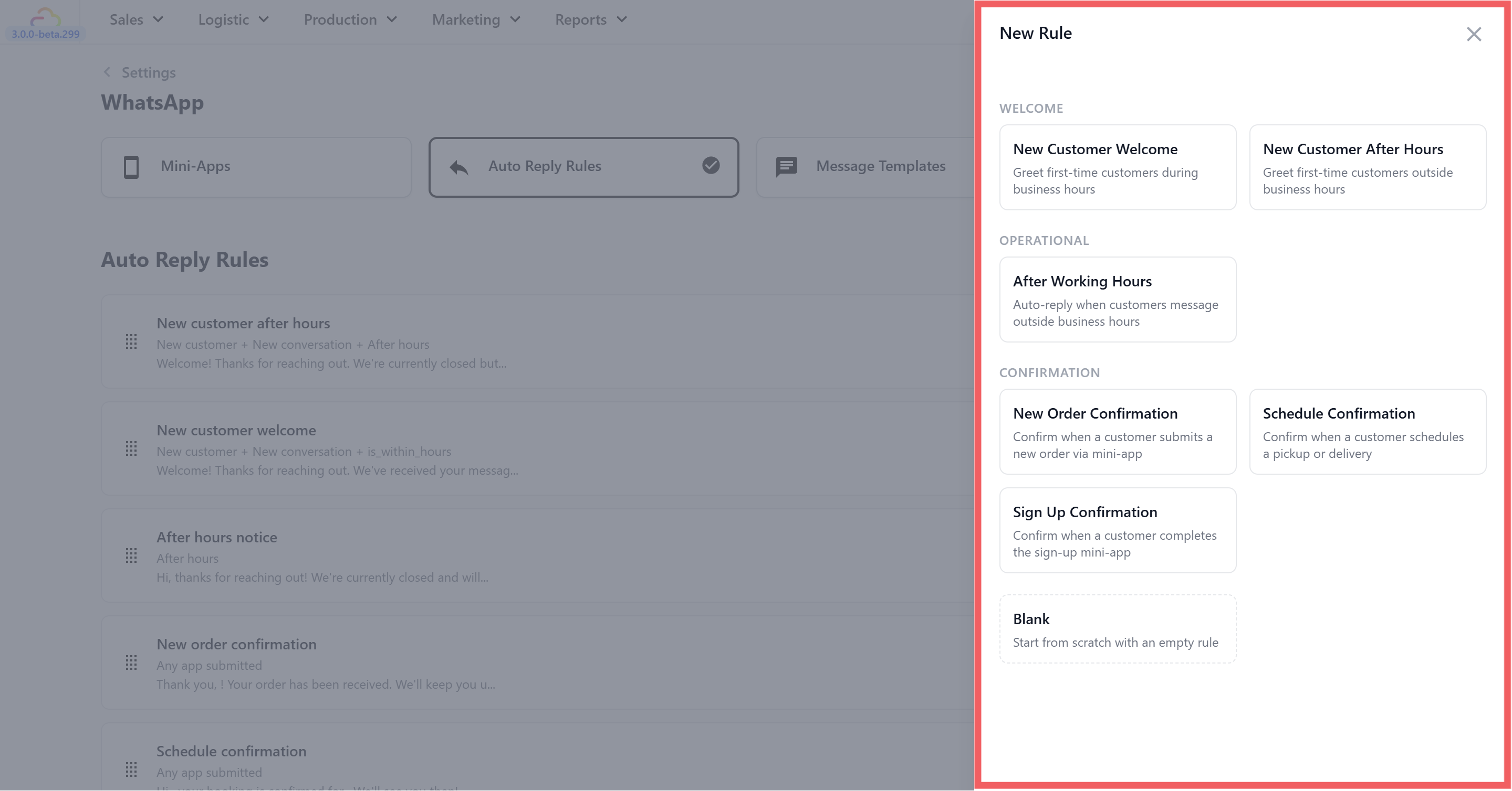 A side panel will open showing ready-made rule templates organised by category.