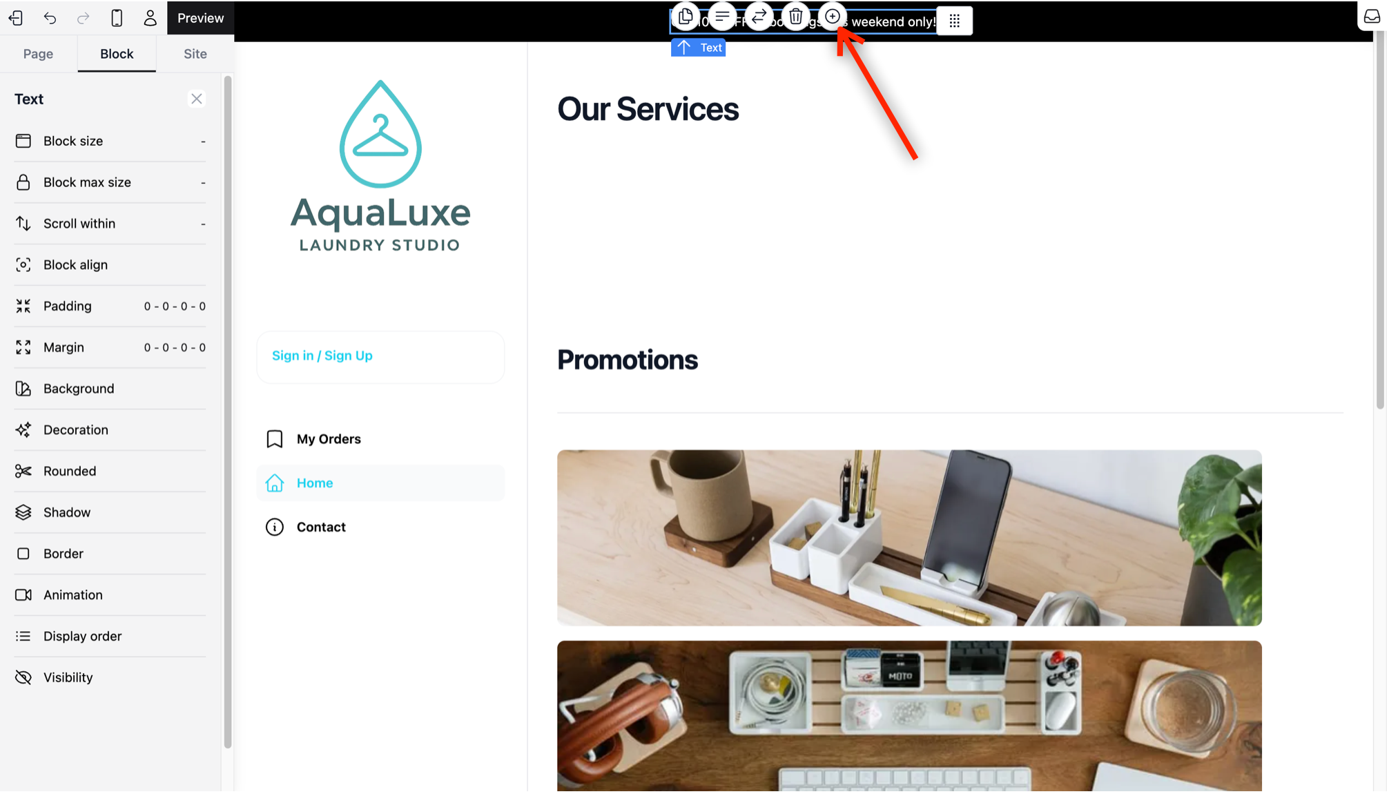 Click on the text block inside the banner where you want the button to appear next to. In the Quick Action Toolbar, select the Insert icon.