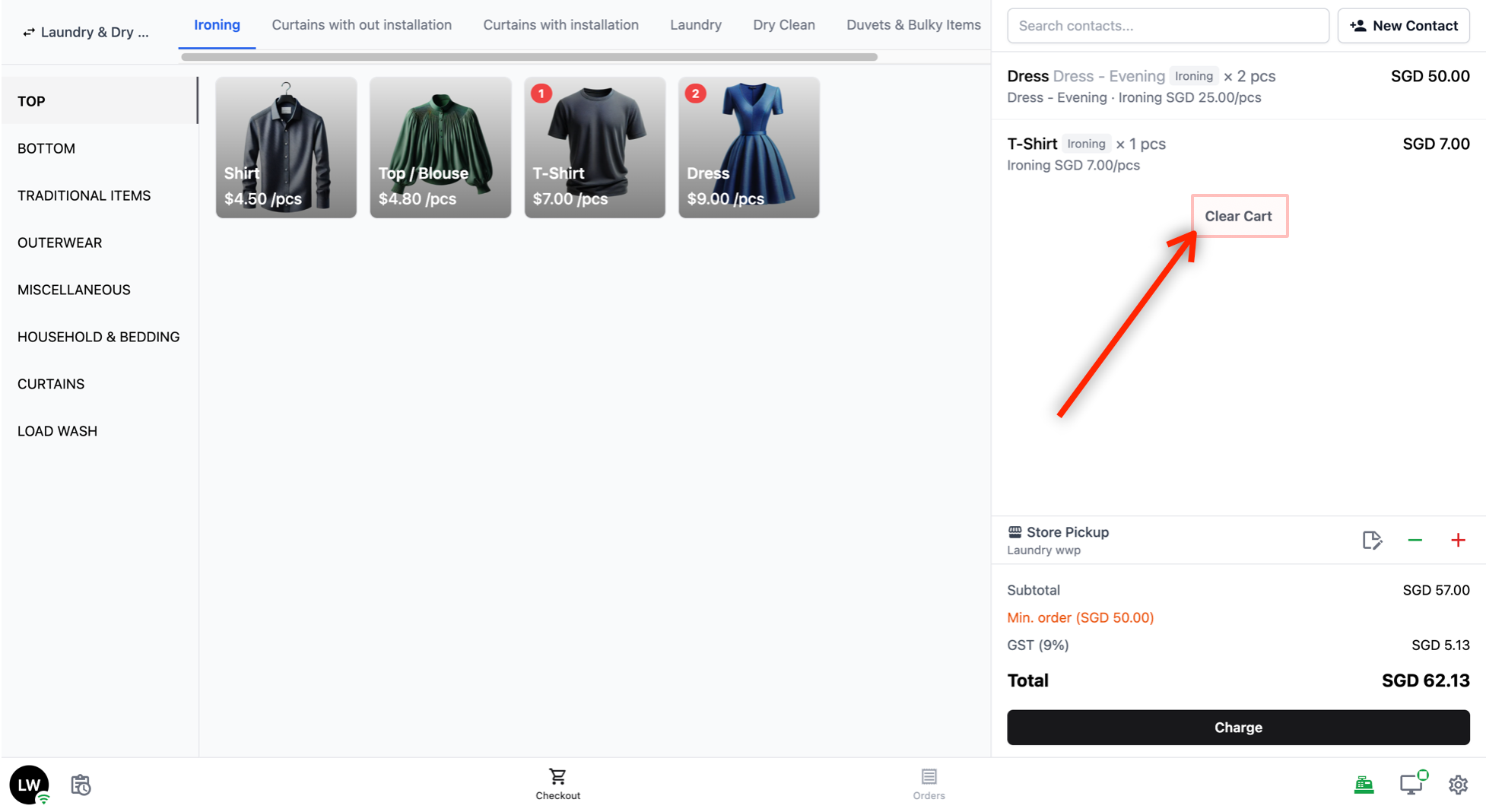 Clear Cart: Click on this button to clear all items from the cart. You would need to click the Clear button again to verify that you want the items in the cart to be cleared.