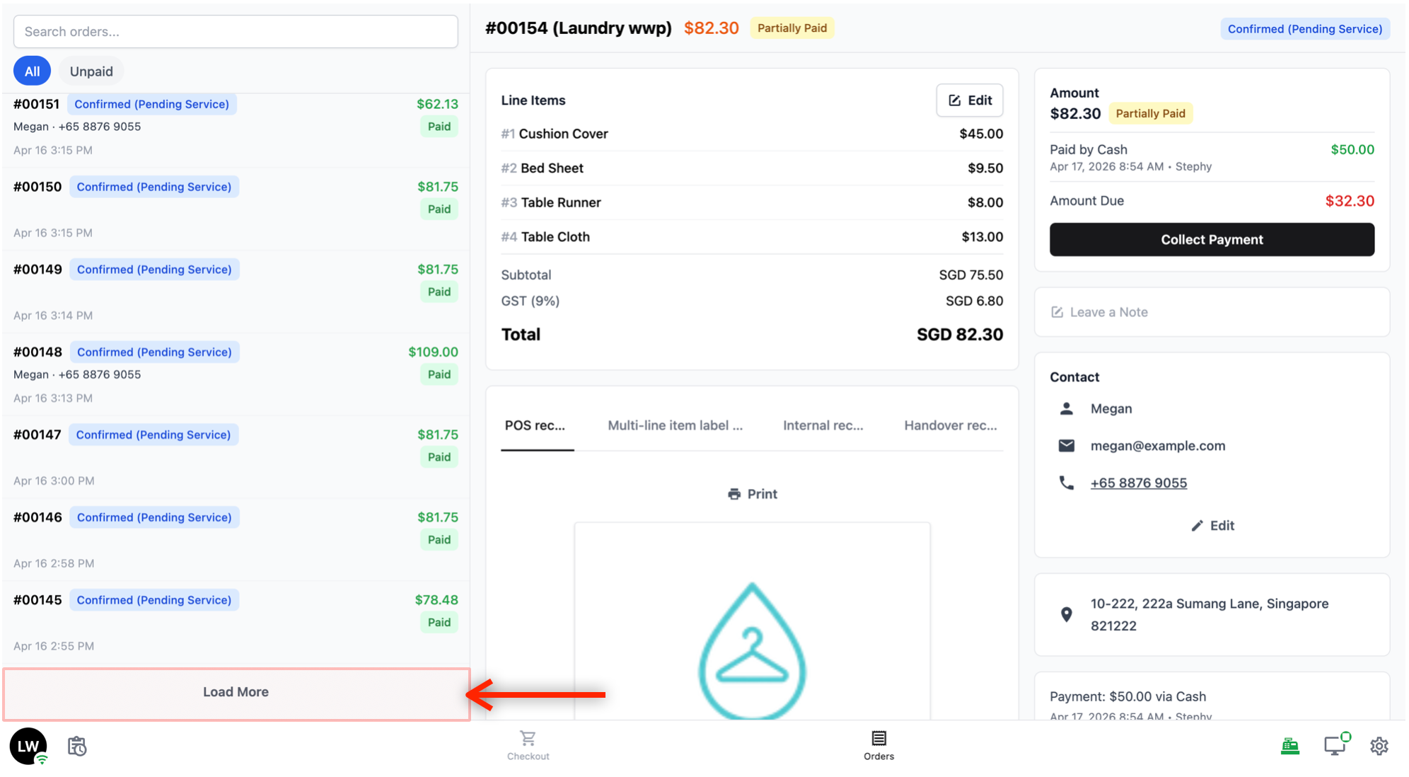 If the list is long, there is a Load More button at the bottom to load additional orders.