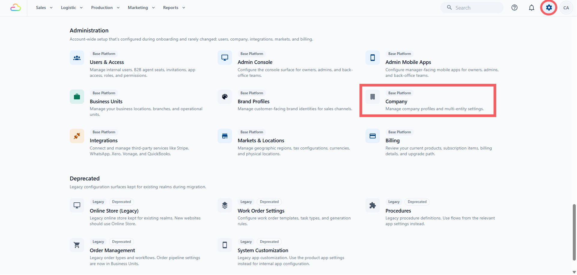 Settings -> Administration Section, Click Company