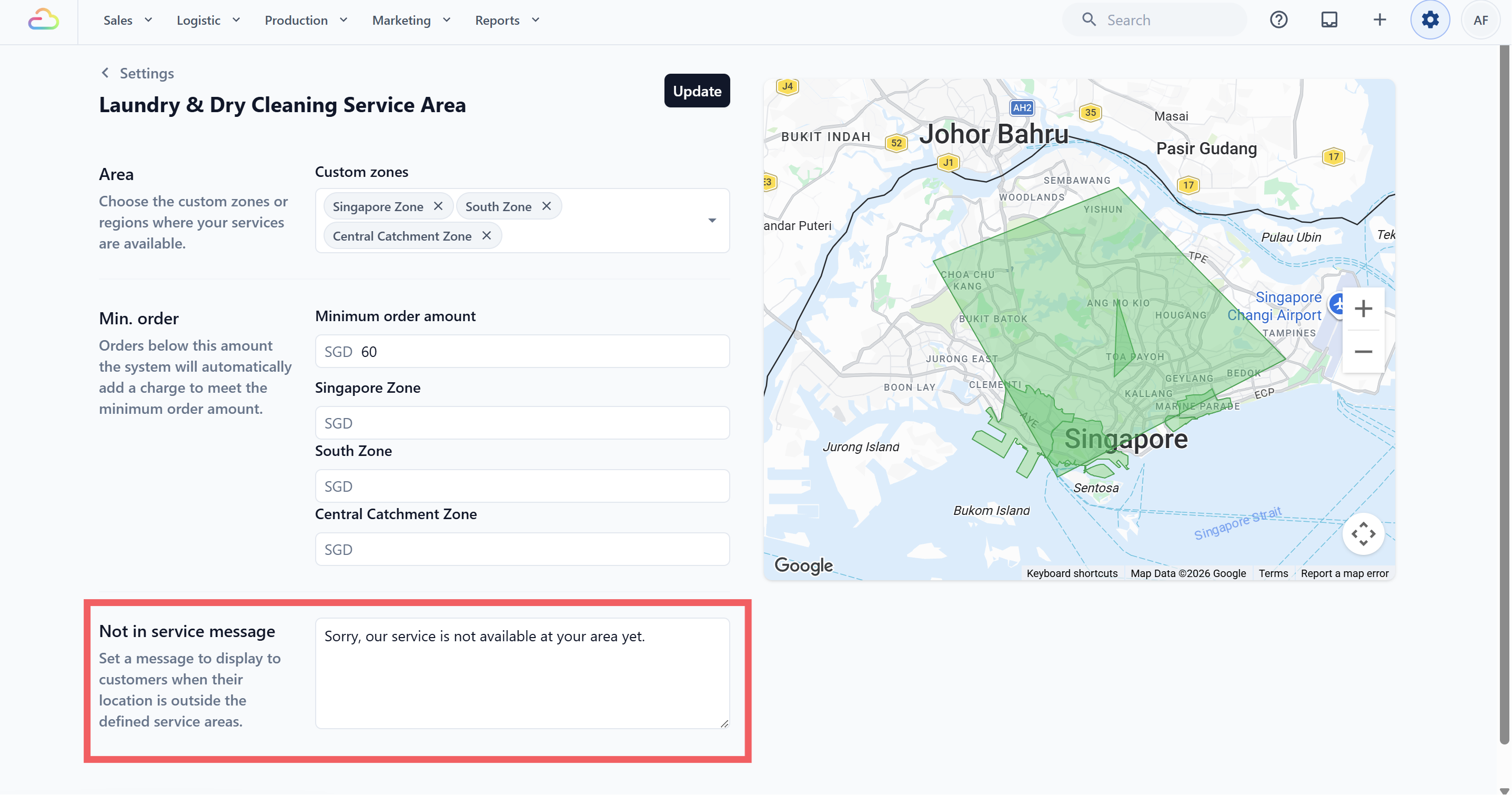 Under the Not in service message section, type the message customers should see when their address falls outside all your selected zones. The default placeholder is "Sorry, we are not here yet." Keep it short and tell the customer what to do next, for example contact you or check back later.