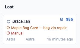 Maple Bag Care enquiry in the Lost column with the Manual reason