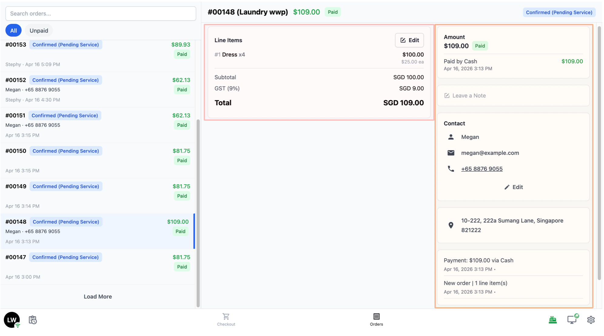 History: This shows a timeline of everything that has happened with the order — for example, when it was created, when it was paid, and any changes that were made.