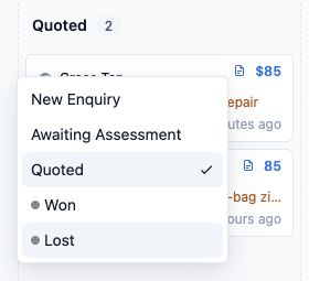 Stage menu with Lost selected for the Maple Bag Care enquiry