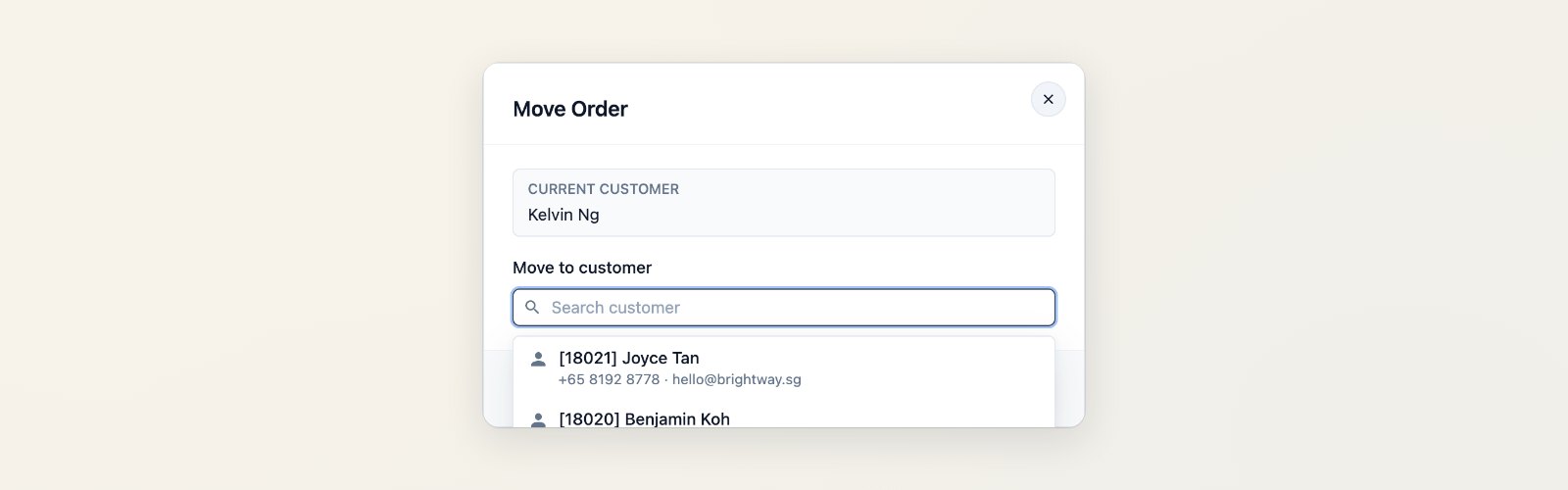 The Move Order dialog for choosing the customer an order should belong to