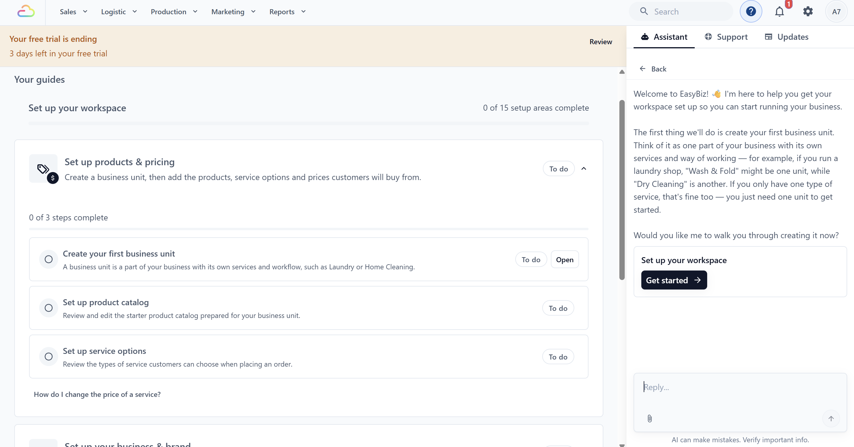 AI Assistant guiding you to set up your workspace