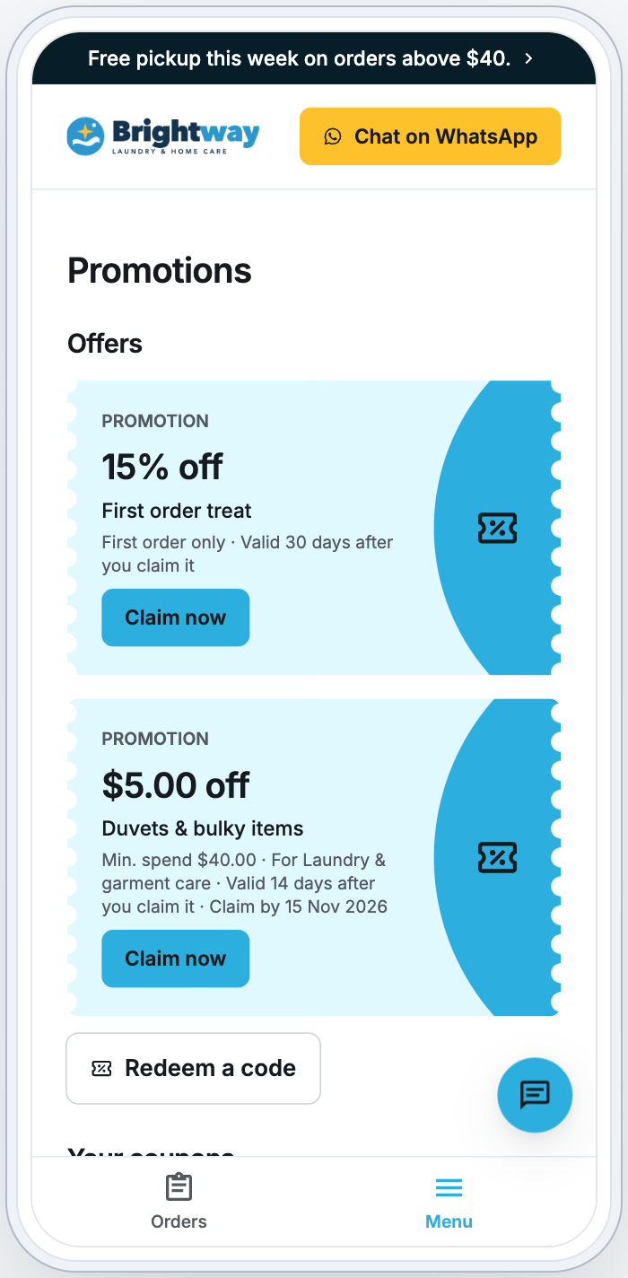 The Promotions page on a phone, with an offer under Offers and a coupon under Your coupons