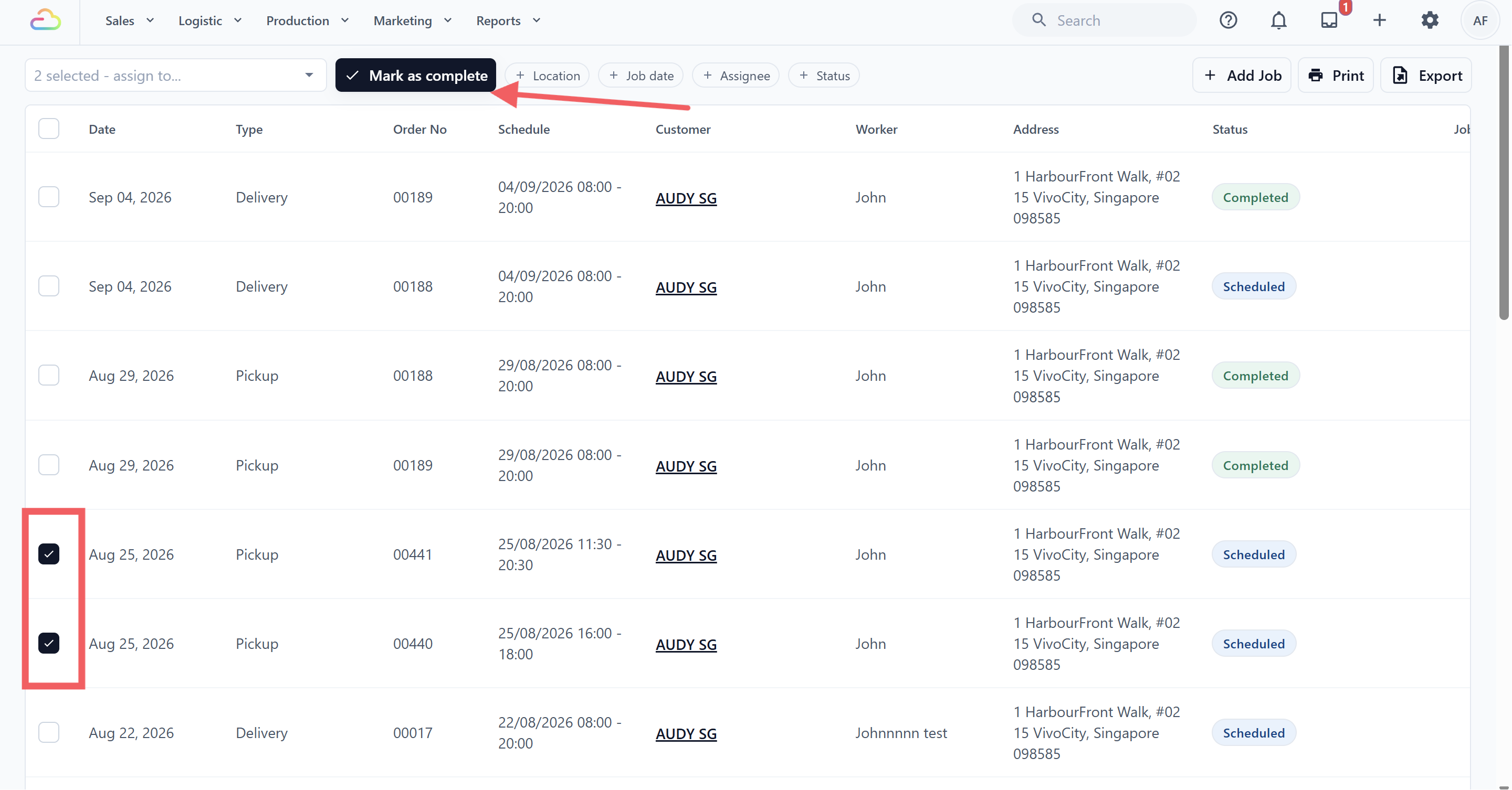 Screenshot placeholder: Job Table with several rows selected and the bulk Assign and Mark as complete actions visible.