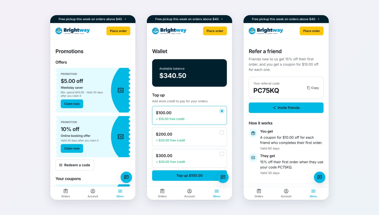 Three phone screens: Promotions with offers to claim, the Wallet with top-up packages and bonus credit, and Refer a friend with a referral code