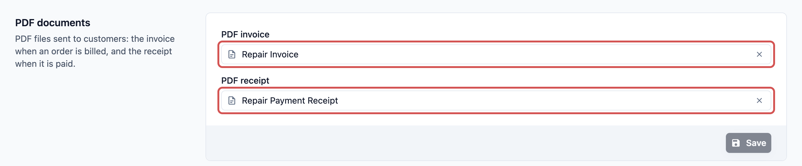 The PDF documents section with Repair Invoice chosen under PDF invoice and Repair Payment Receipt chosen under PDF receipt