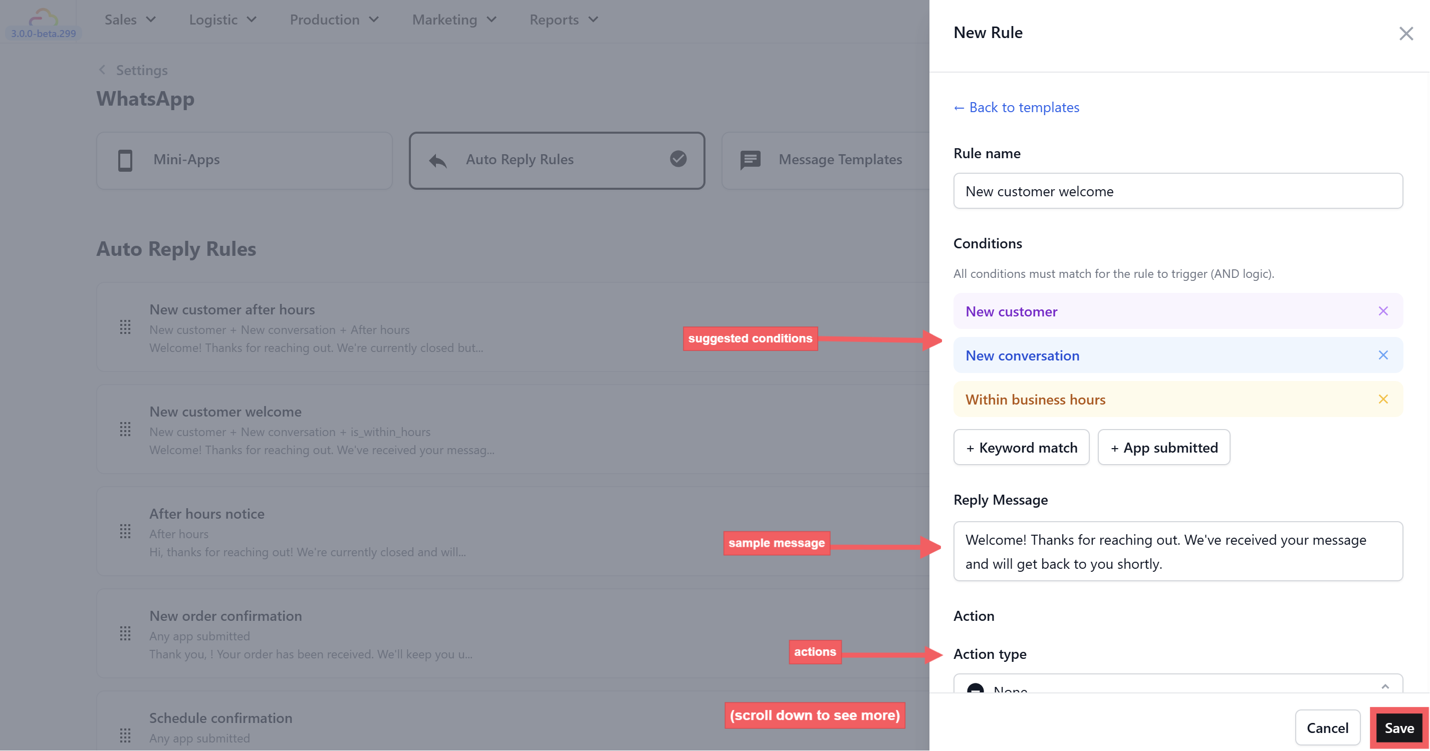 Click on any template to open it. The rule will be pre-filled with suggested conditions and a sample message. Edit the message to match your business, adjust the settings as needed, and click Save.