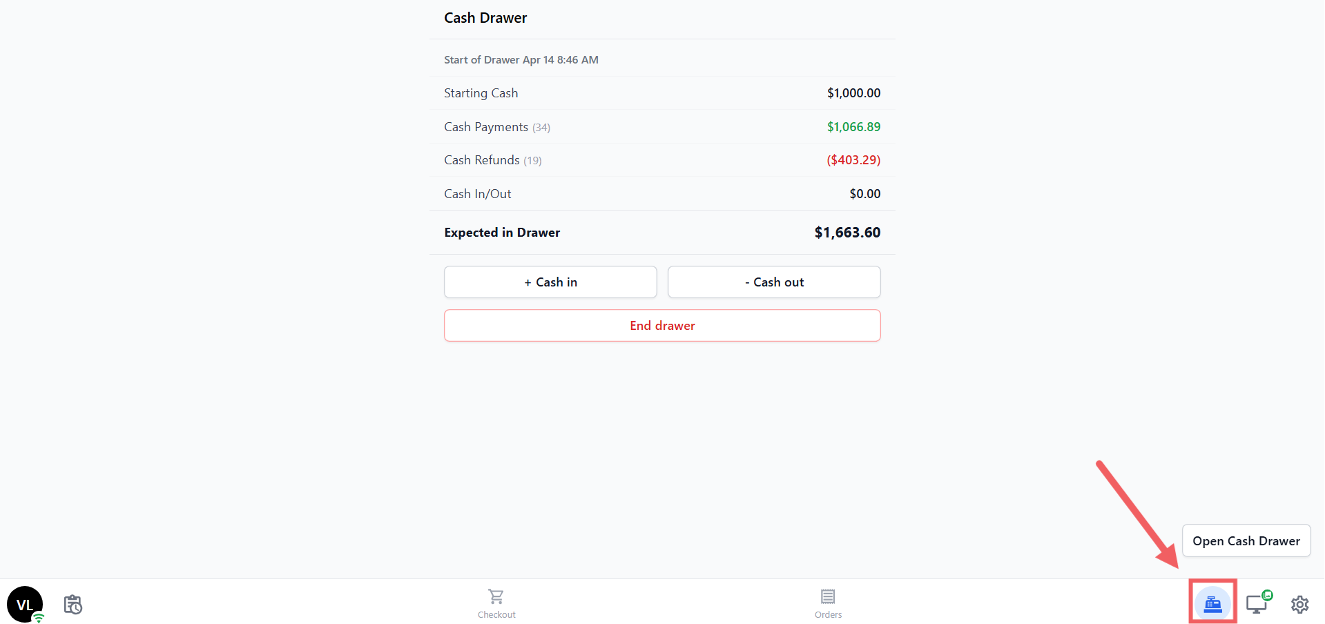 Tracks all cash in and out each day. Set your Default Starting Cash amount (e.g., $100) — if you leave it at $0, staff will type it in each time they open the drawer.