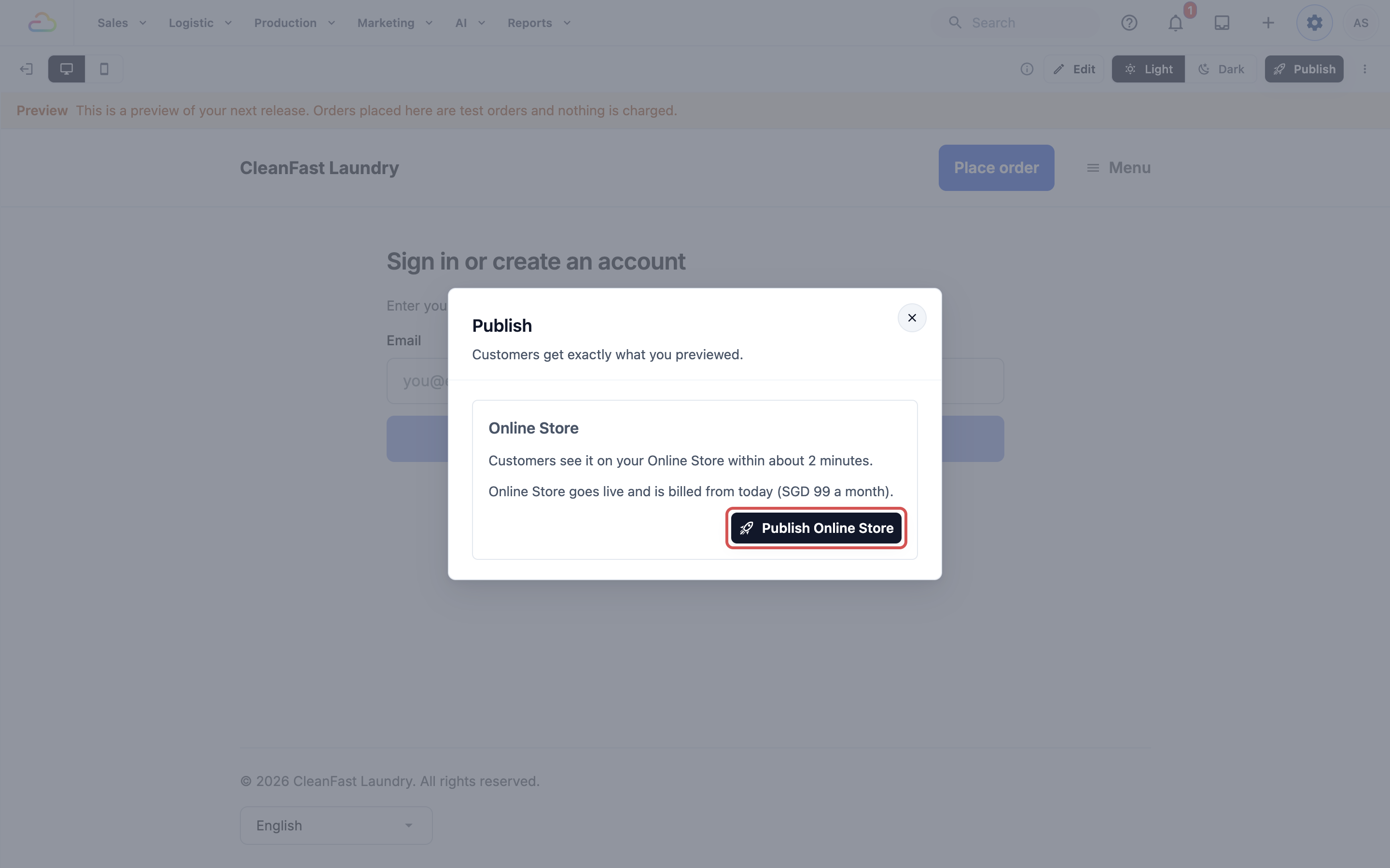 The Publish window, with the Publish Online Store button marked