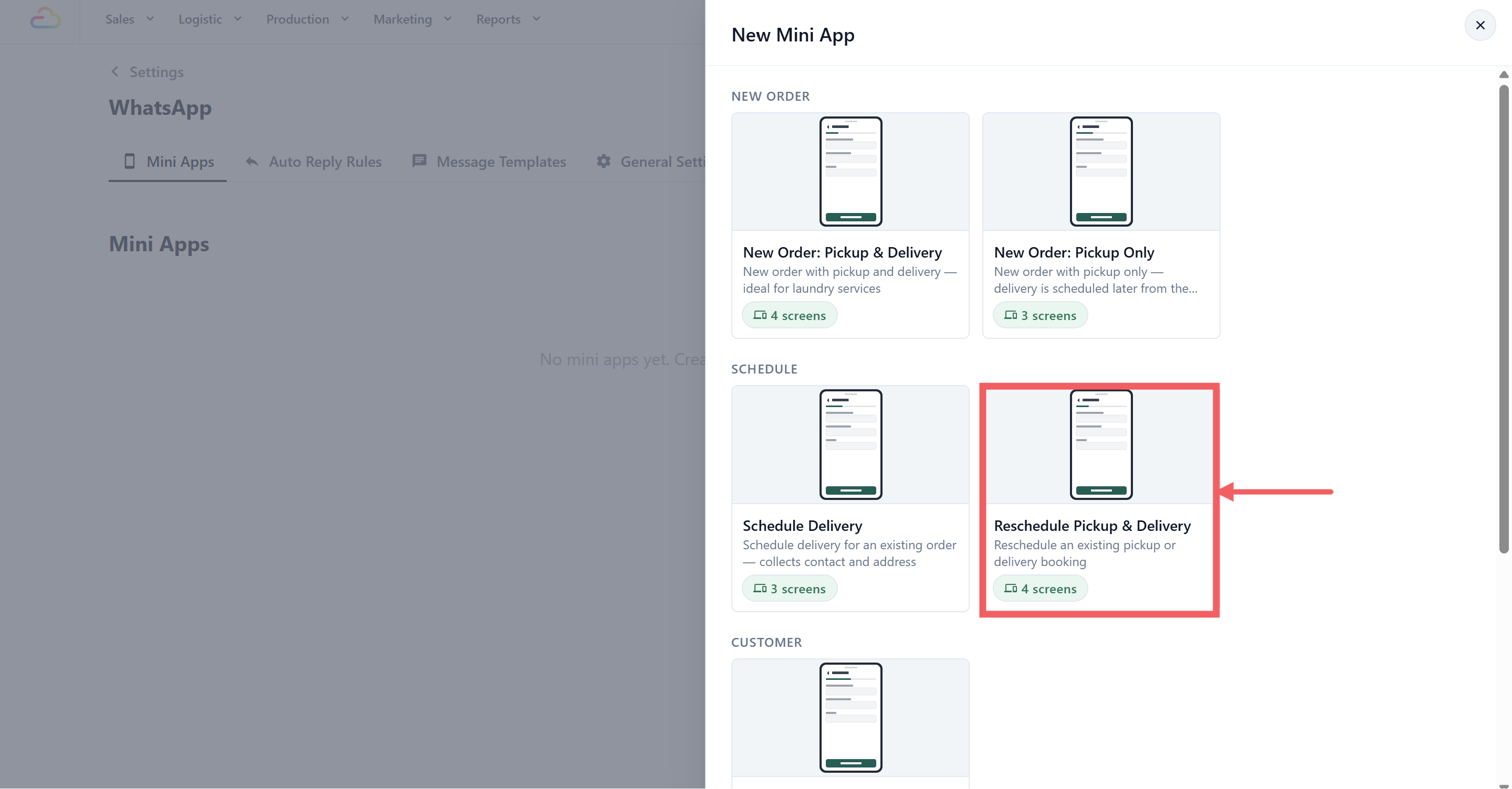 The New Mini App drawer with the Schedule group visible and the Reschedule Pickup & Delivery card highlighted
