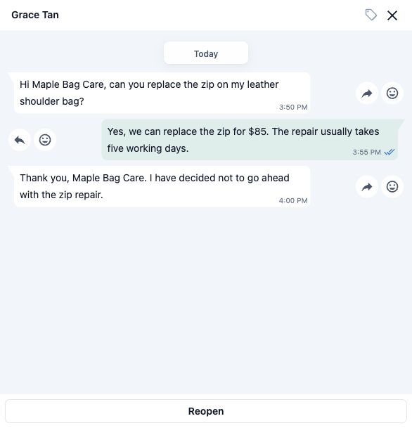 Closed Maple Bag Care conversation with message history retained and the Reopen button visible