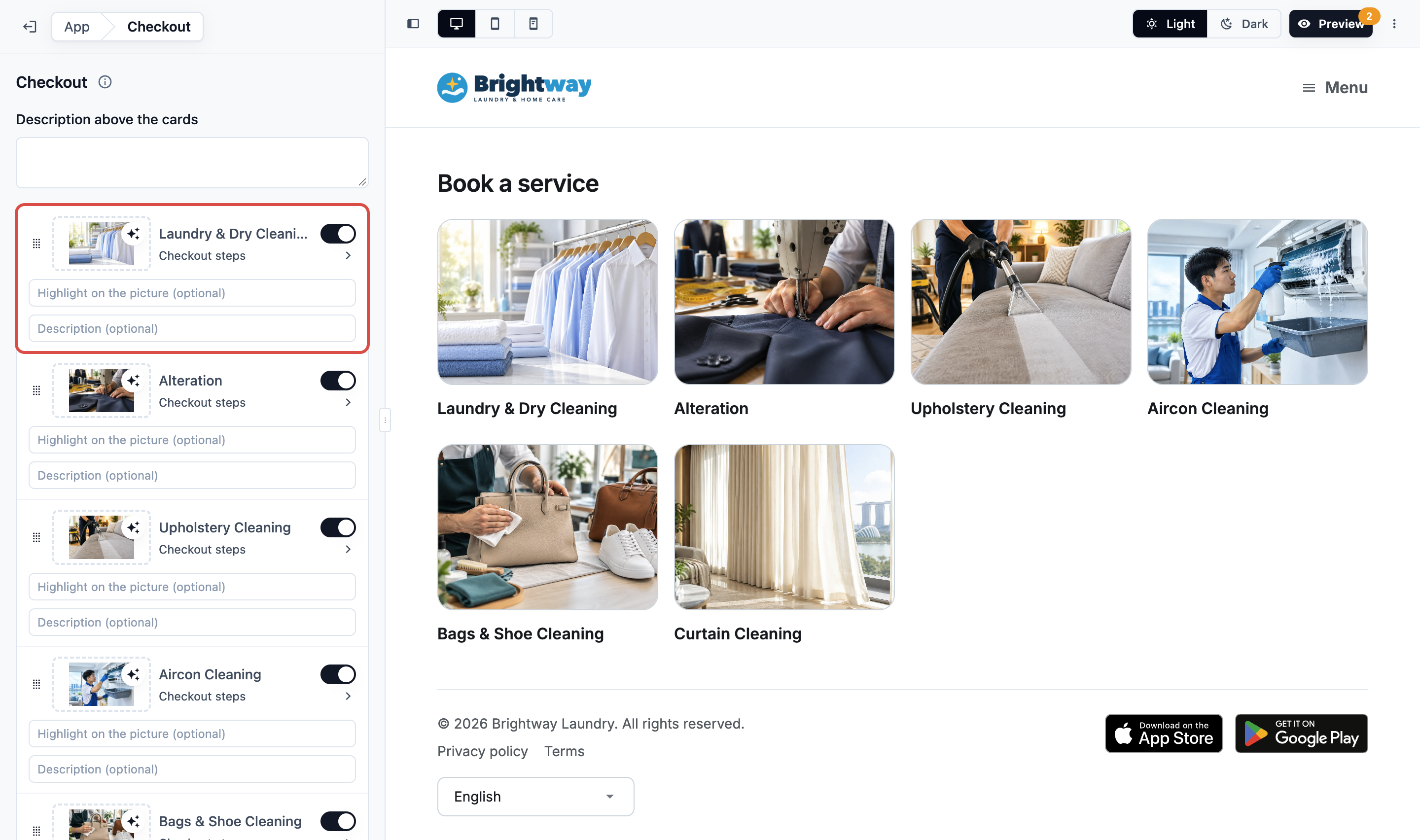 The store editor's Checkout page, with the Laundry &amp; Dry Cleaning unit switched on and its row showing Checkout steps