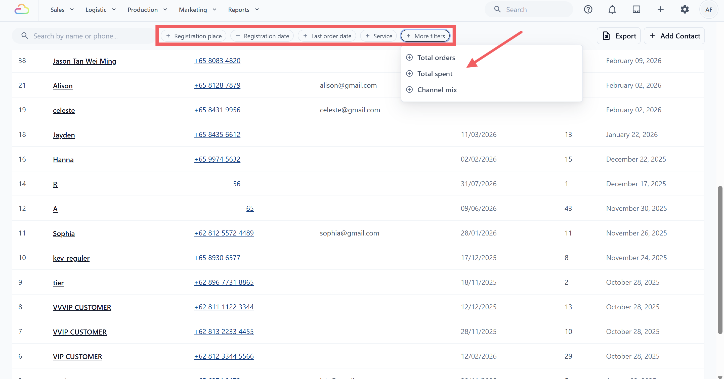 Contact filters for registration details, recent orders, total orders, total spent, and sales channel