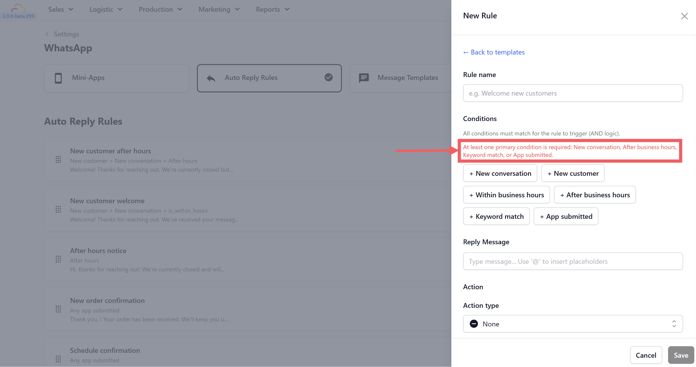 Or start from scratch with the Blank template to build a custom rule — for example, a keyword-triggered price list reply or a returning customer greeting.