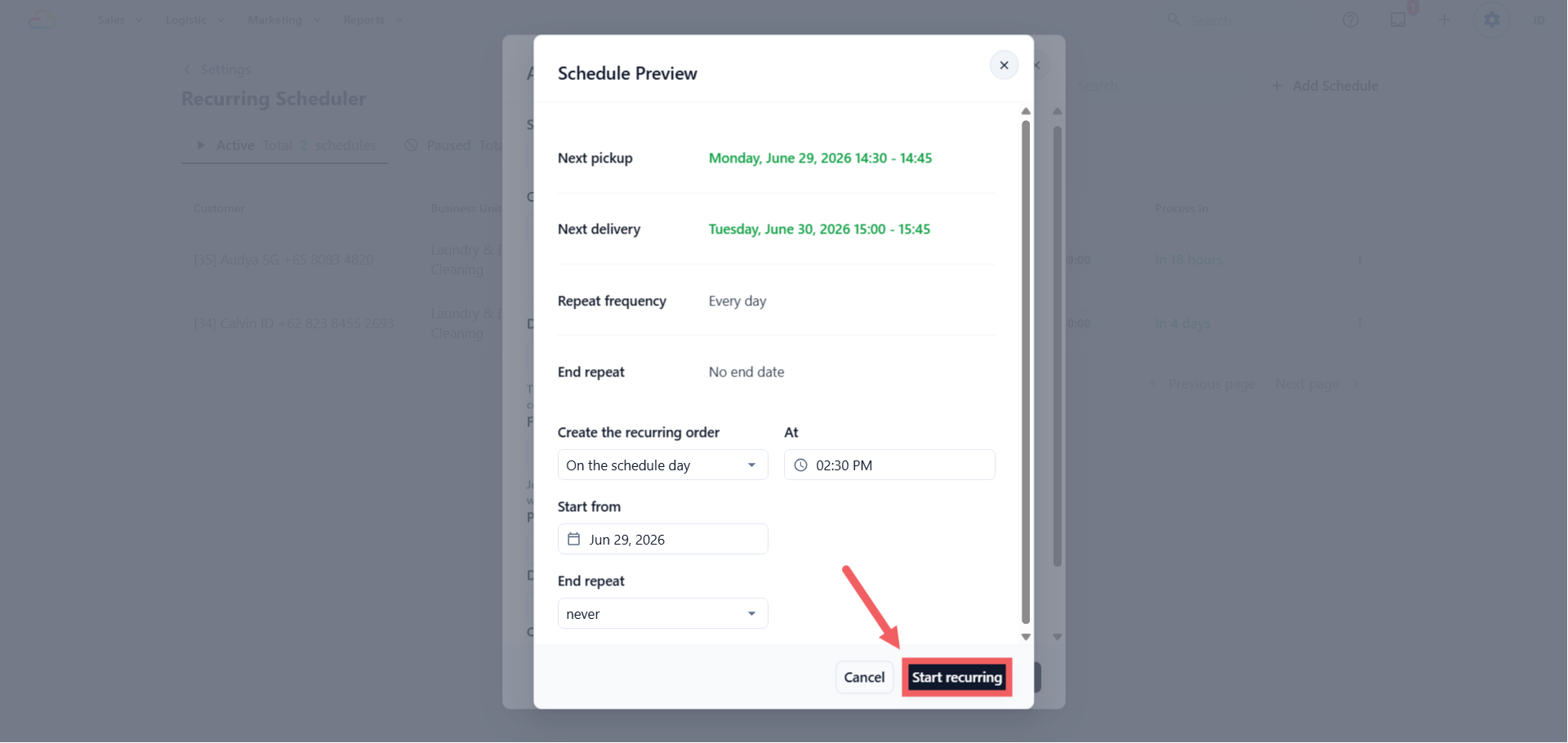 Click Start recurring to save. The schedule now appears under the Active tab.