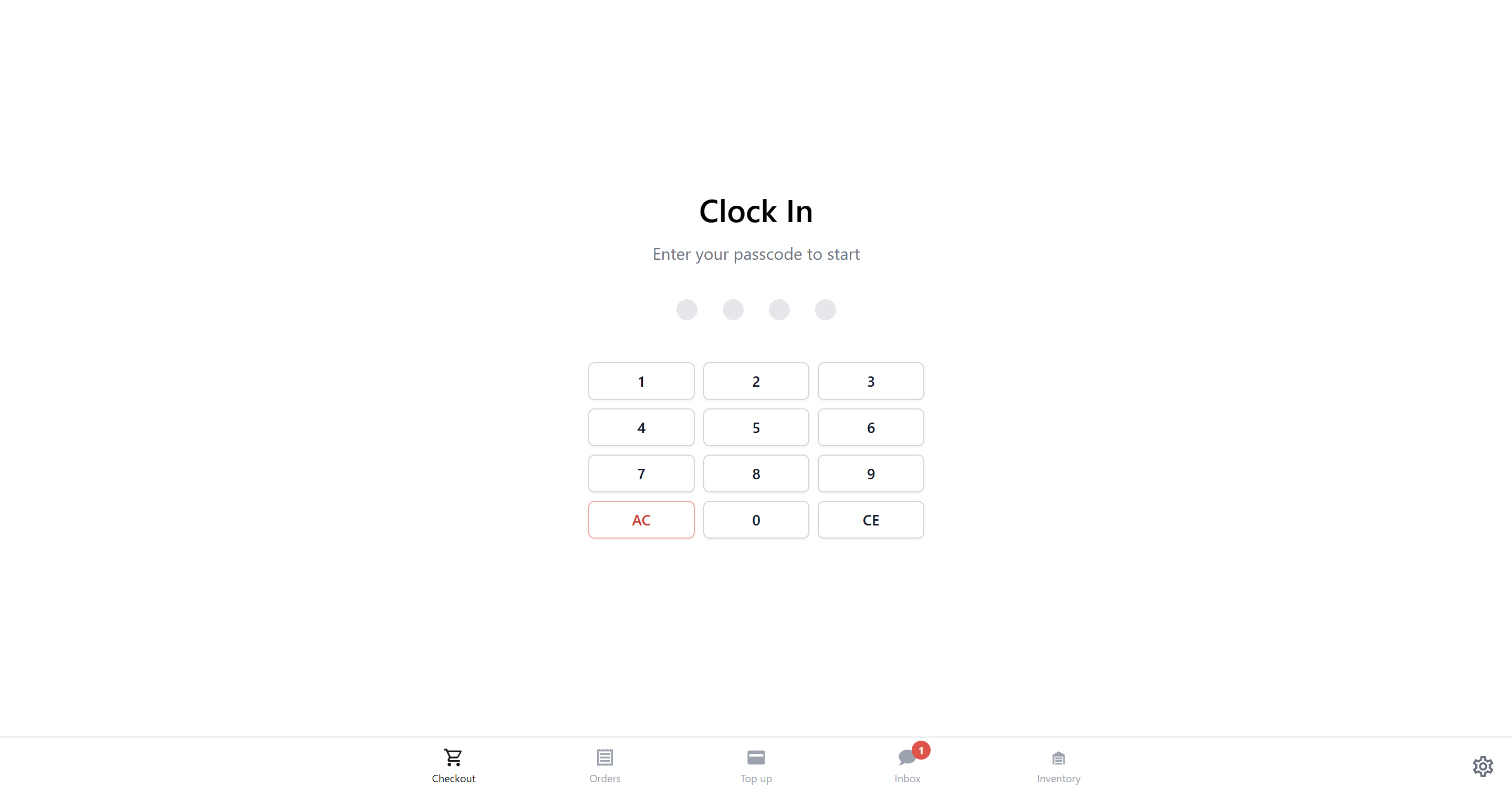 When a staff member opens the POS, the Time Clock screen appears immediately. They will need to enter their passcode to clock in before they can access the Checkout, Orders, or any other screens.