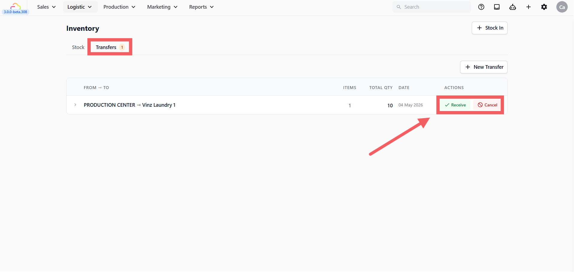Pending transfers appear in the Transfers tab showing From location, To location, Items, Total Qty, Date, and options to Receive or Cancel.