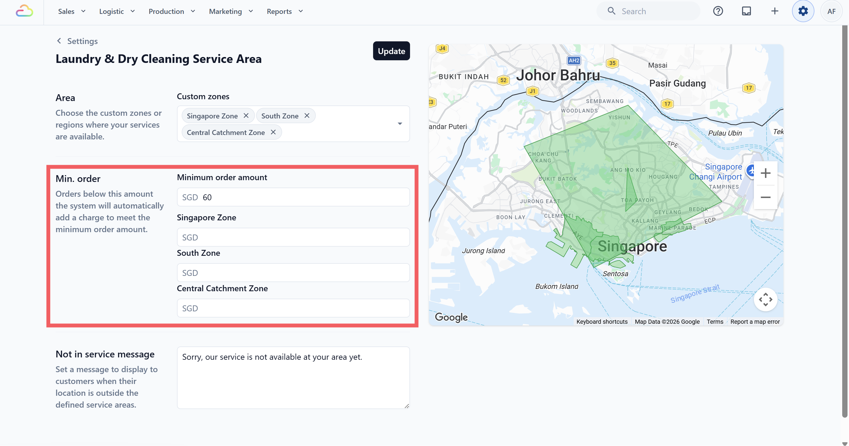 The per-zone field appears for each zone you selected before. If you leave a zone's field blank, it uses the business unit minimum order instead. If no global minimum is set either, that zone has no minimum.