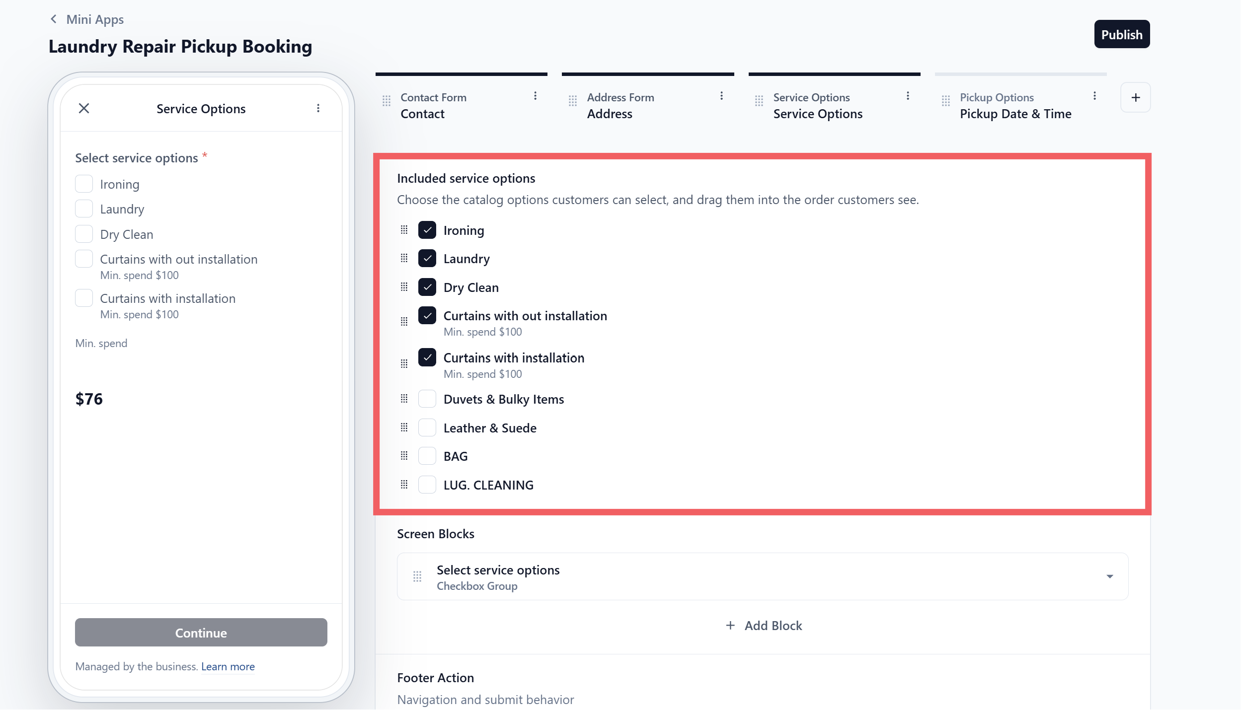 The Service Options screen settings with the catalog list and tickboxes