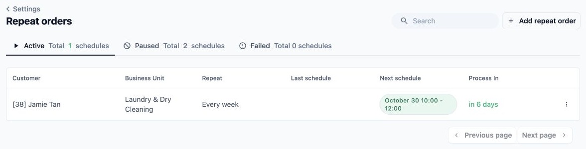 Jamie Tan’s saved Active repeat setup, Every week, next schedule October 30, and order creation in six days.