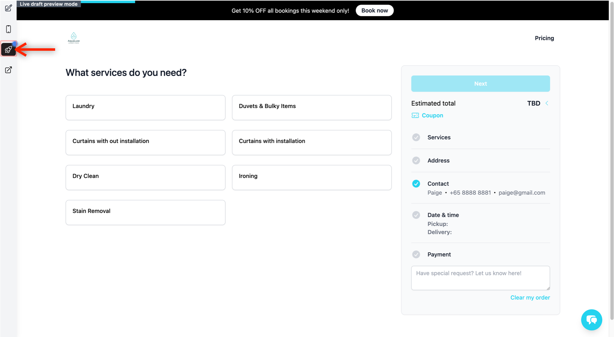 In the preview mode, click on the Rocket icon to publish your site.