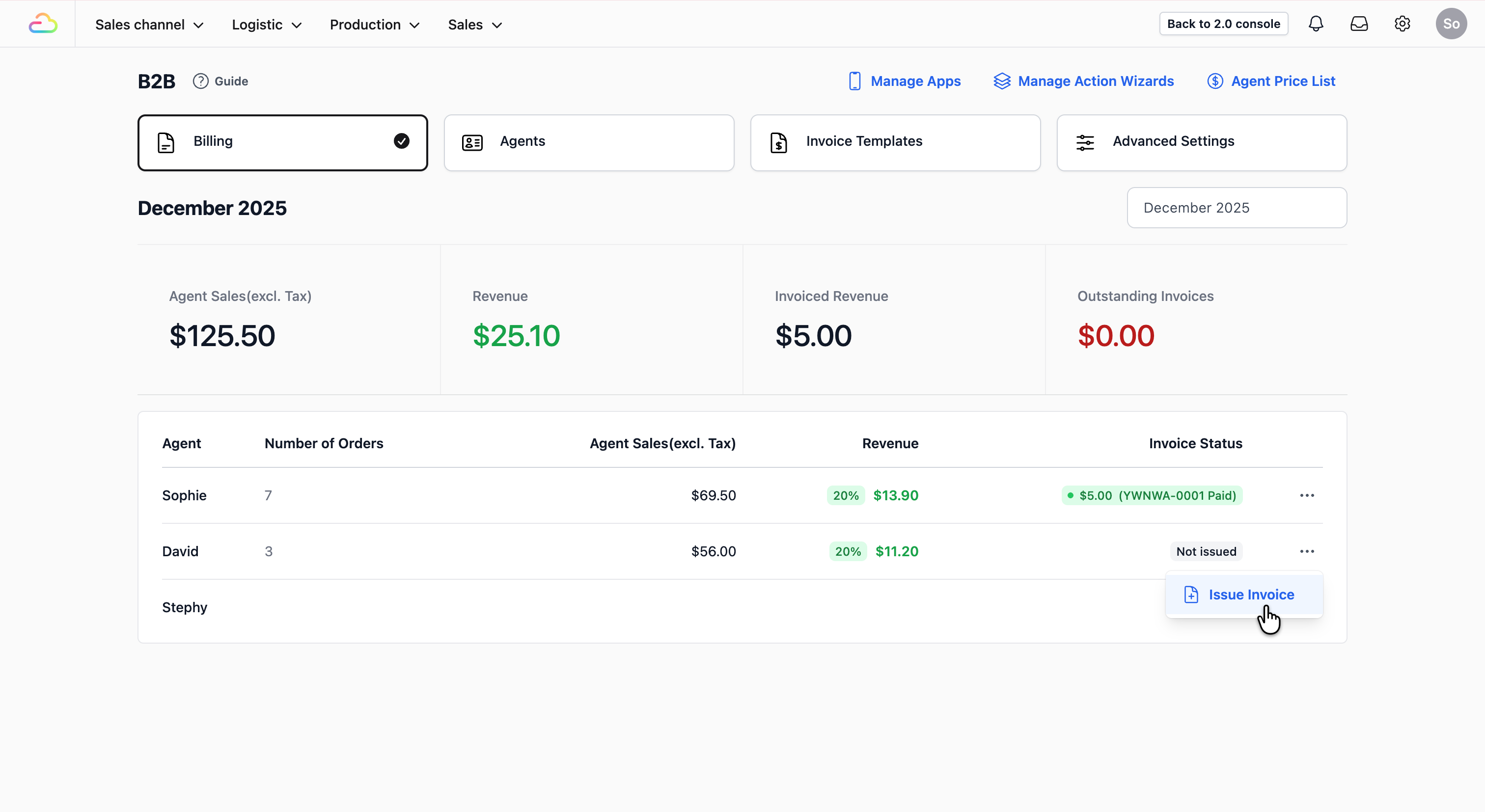 Click on the ••• (Action Menu) and select Issue Invoice.