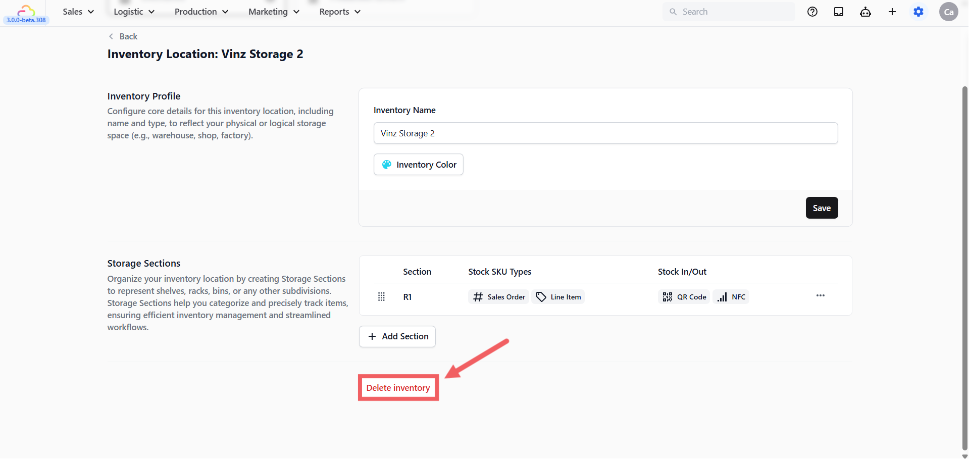 Scroll to the bottom of the profile page and click Delete inventory.