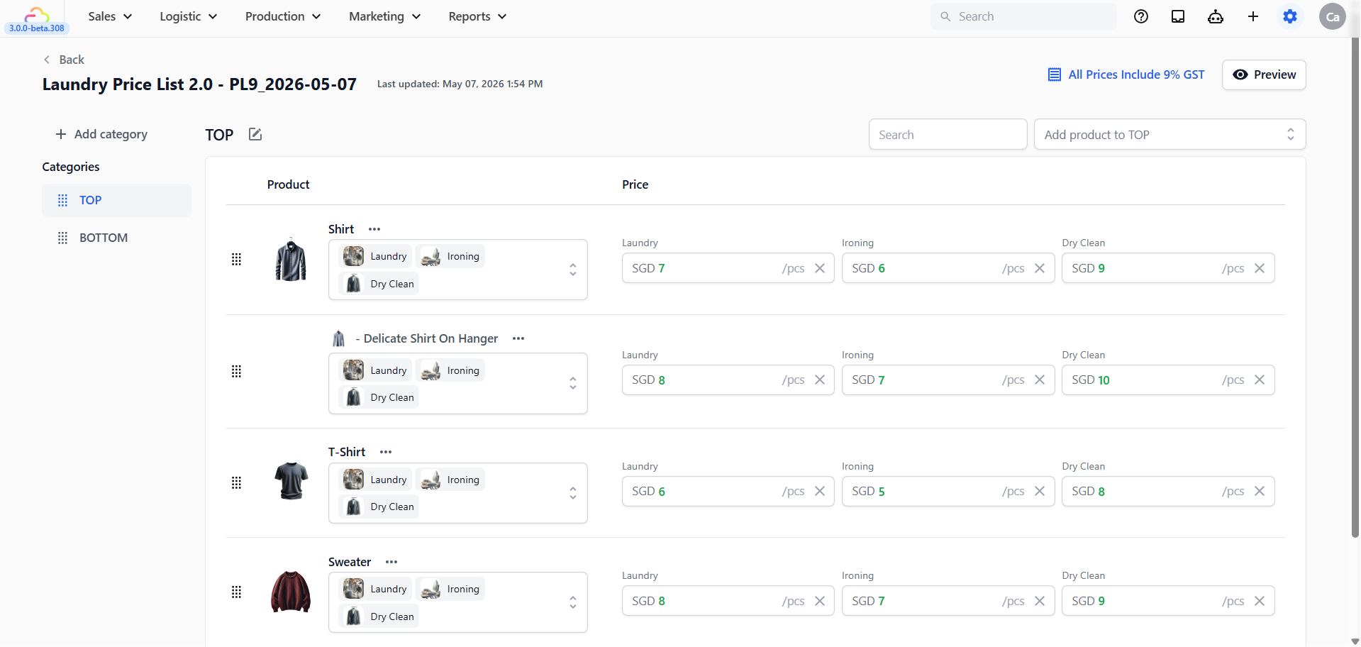 The editor is a categorised table. Categories run down the left, products and prices fill the table on the right.