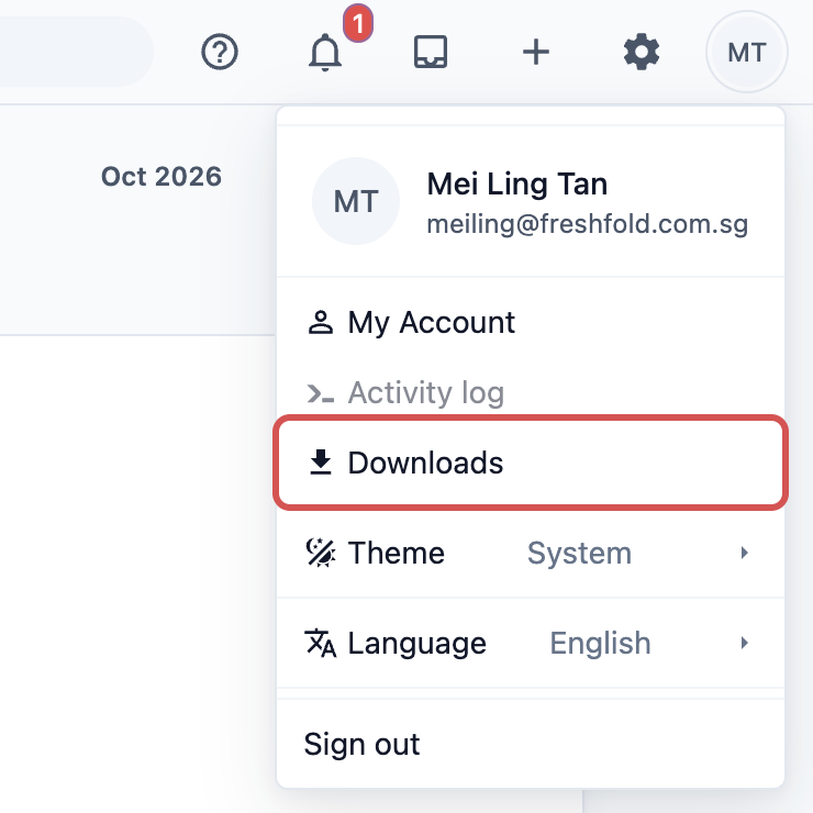 The profile menu with Downloads marked