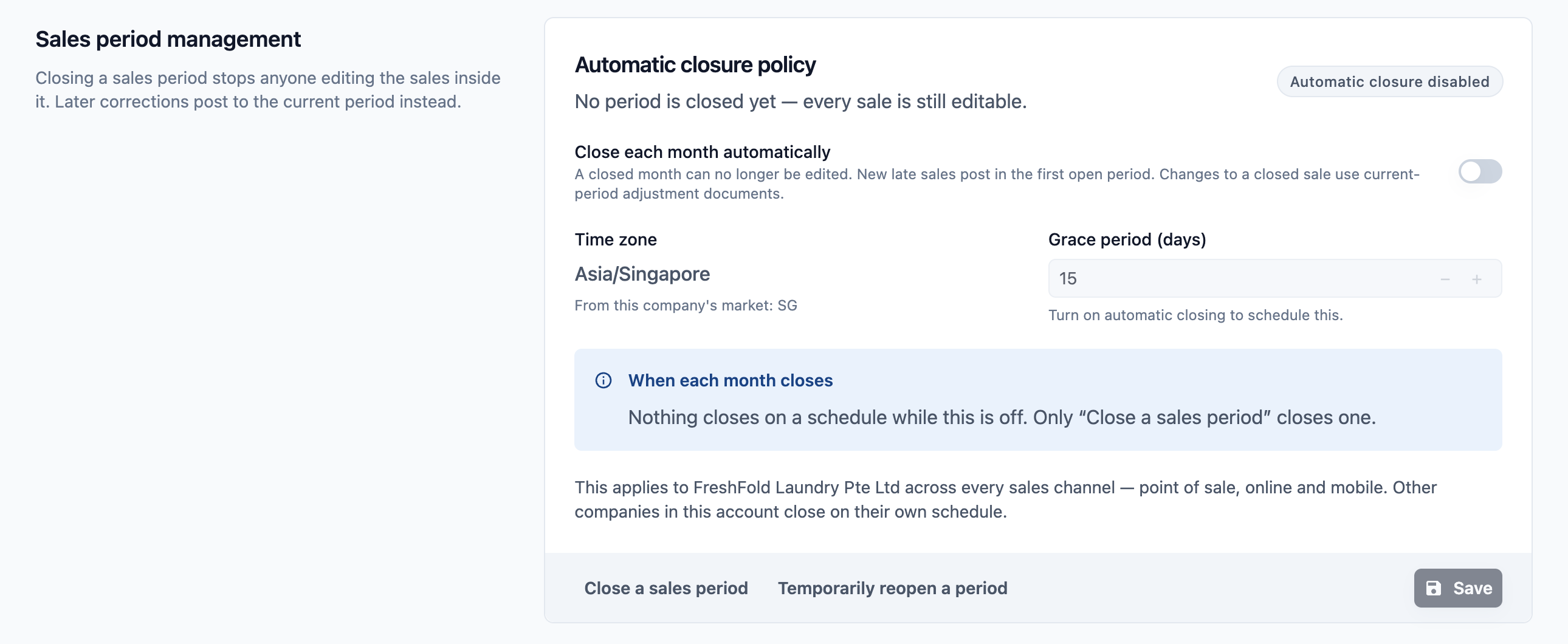 Sales period management with no period closed yet and automatic closure disabled