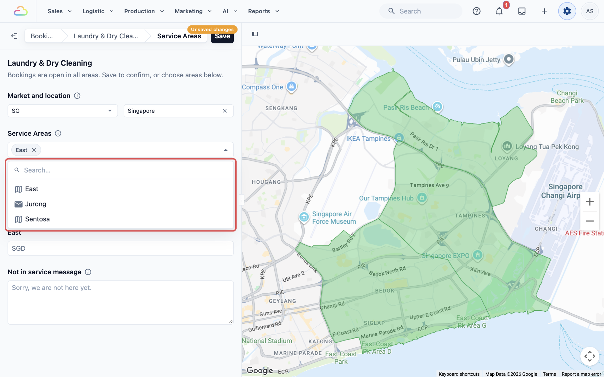 The Service Areas list open with East already chosen, and the East area shaded on the map
