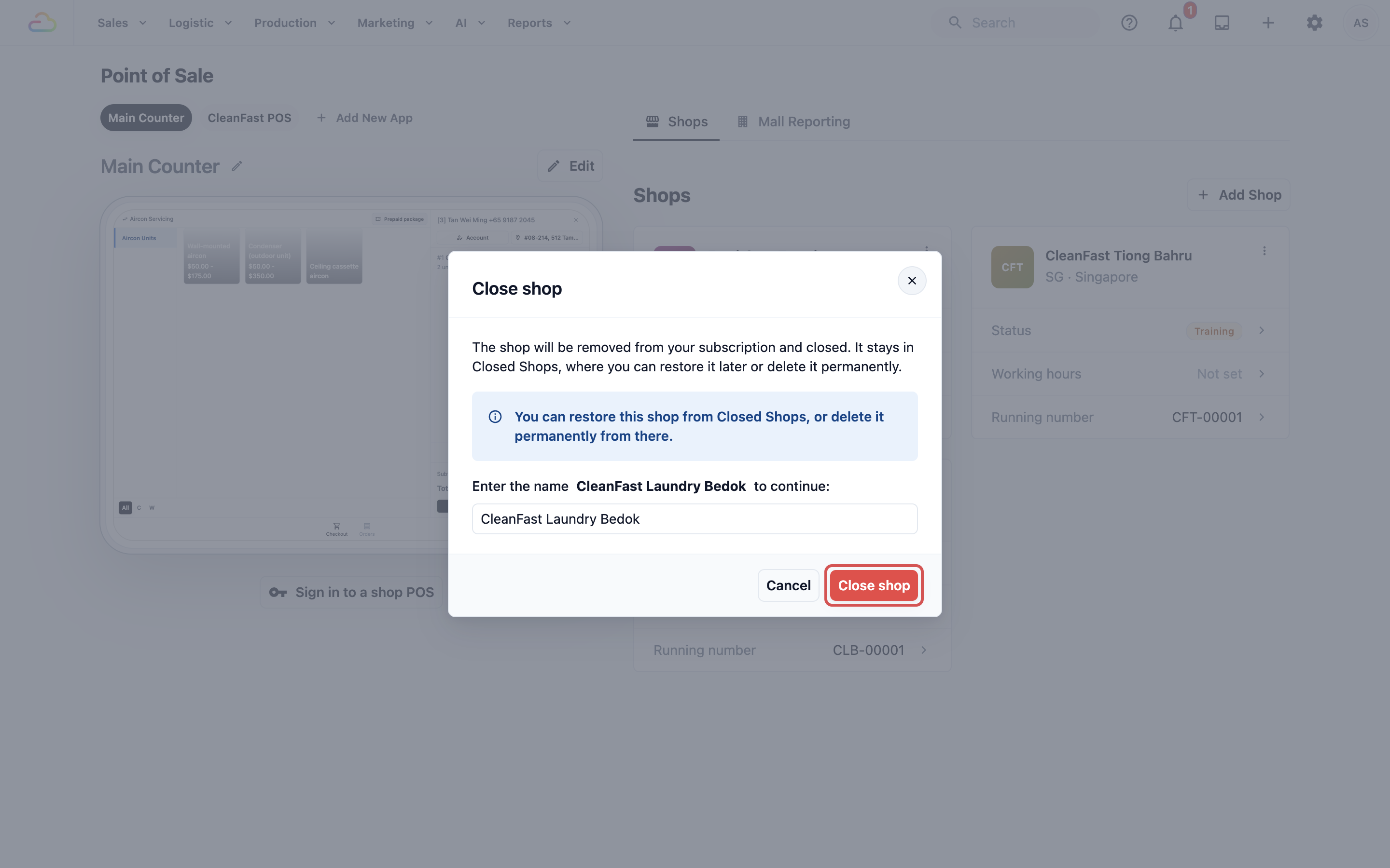 Type the exact shop name in the confirmation box to turn on the final Close shop button.
