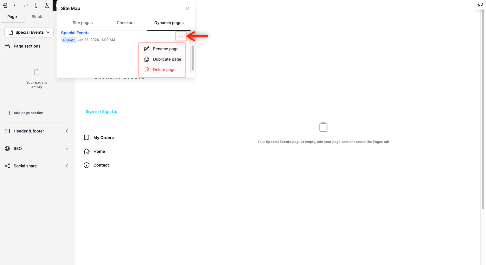 Managing Your Pages: Look for the three horizontal dots (⋯) next to your page name. This is your "Options" menu where you can Rename, Duplicate (copy), or Delete the page.