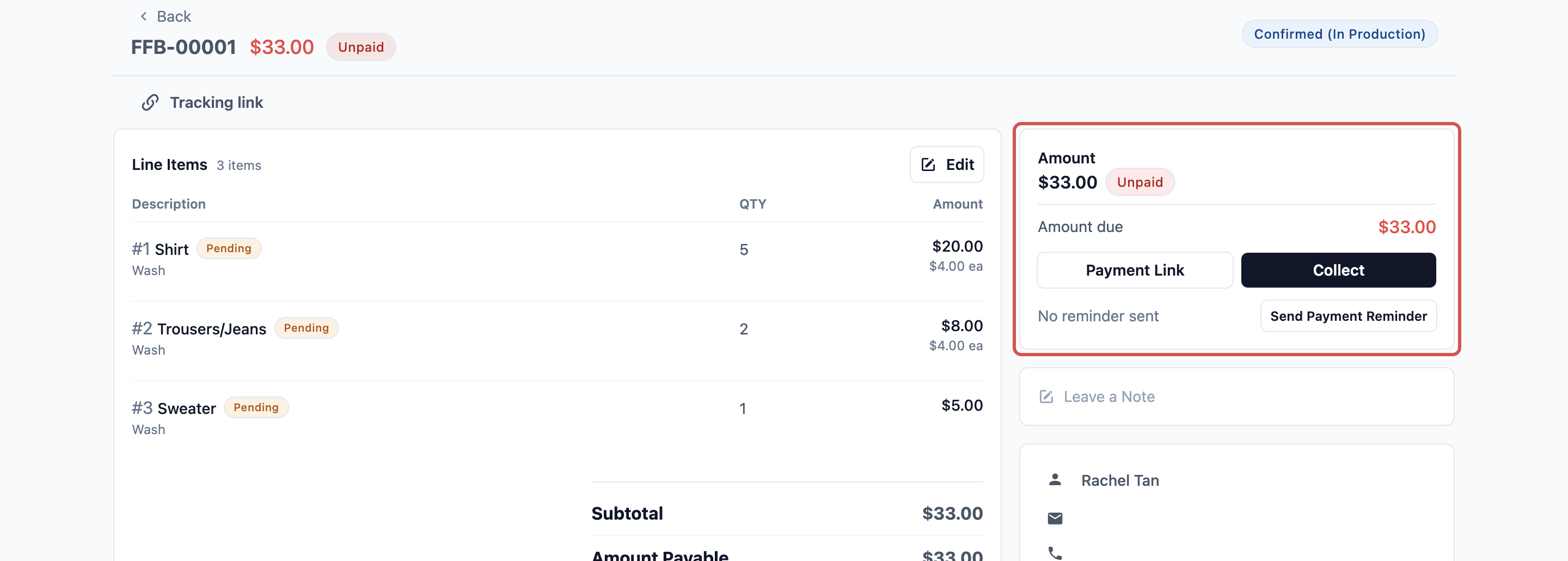 An unpaid order with its payment panel marked, showing the amount due, the Collect button and the Send Payment Reminder button
