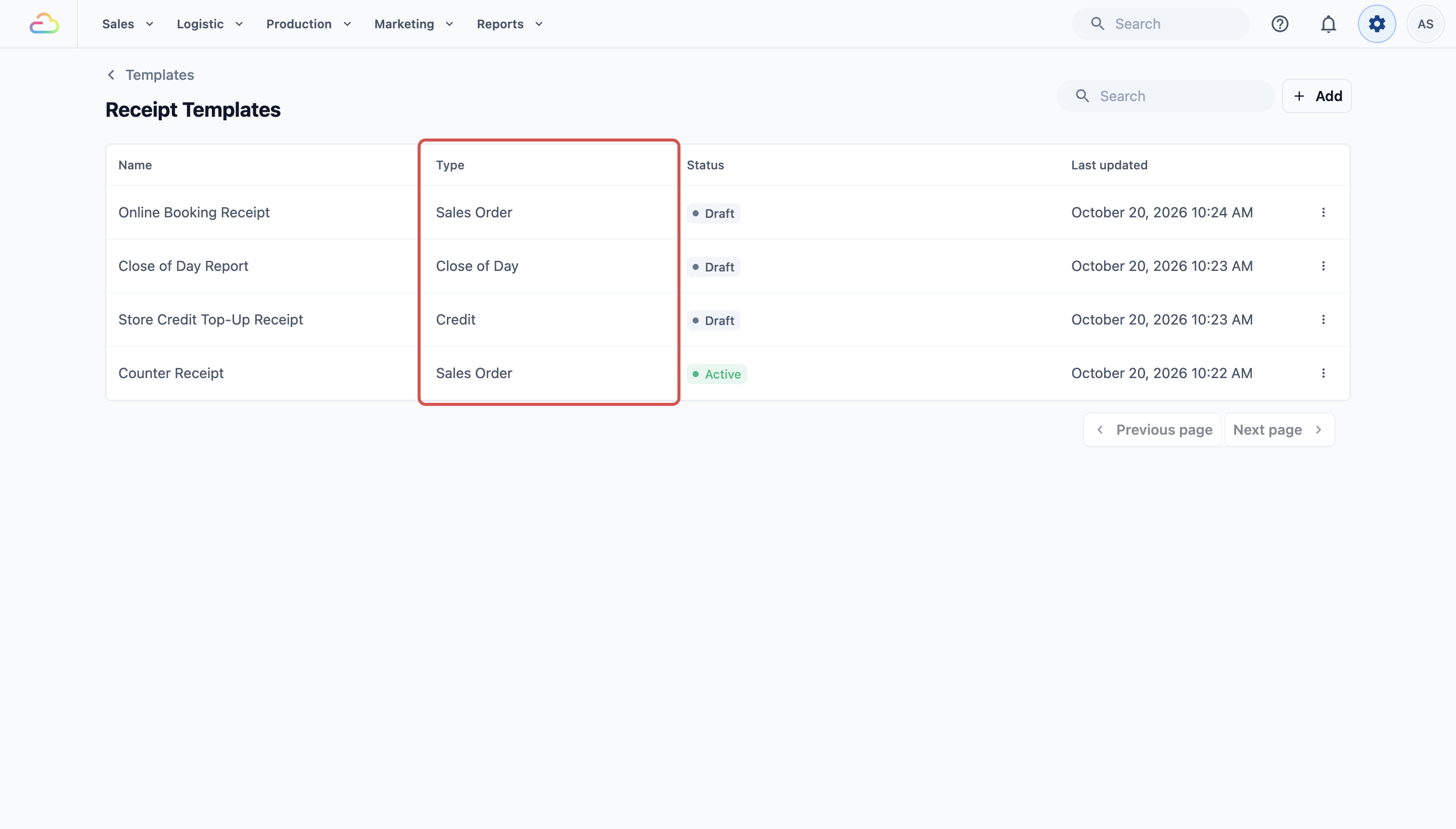 The Receipt Templates page listing templates, with the Type column highlighted