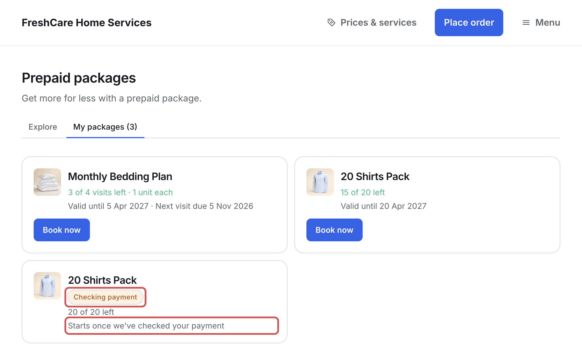 The same 20 Shirts Pack card after the customer said they paid: the Checking payment label and "Starts once we've checked your payment" marked