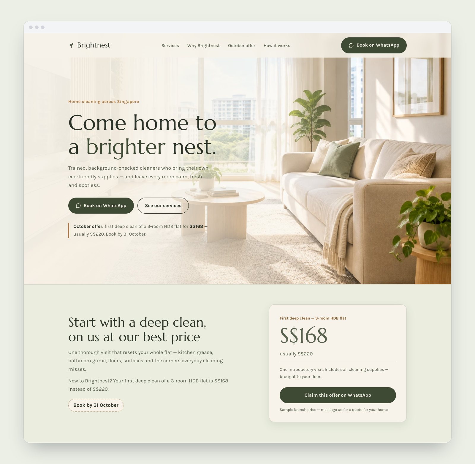 A home cleaning landing page with an October deep-clean offer, made by Marketing Studio