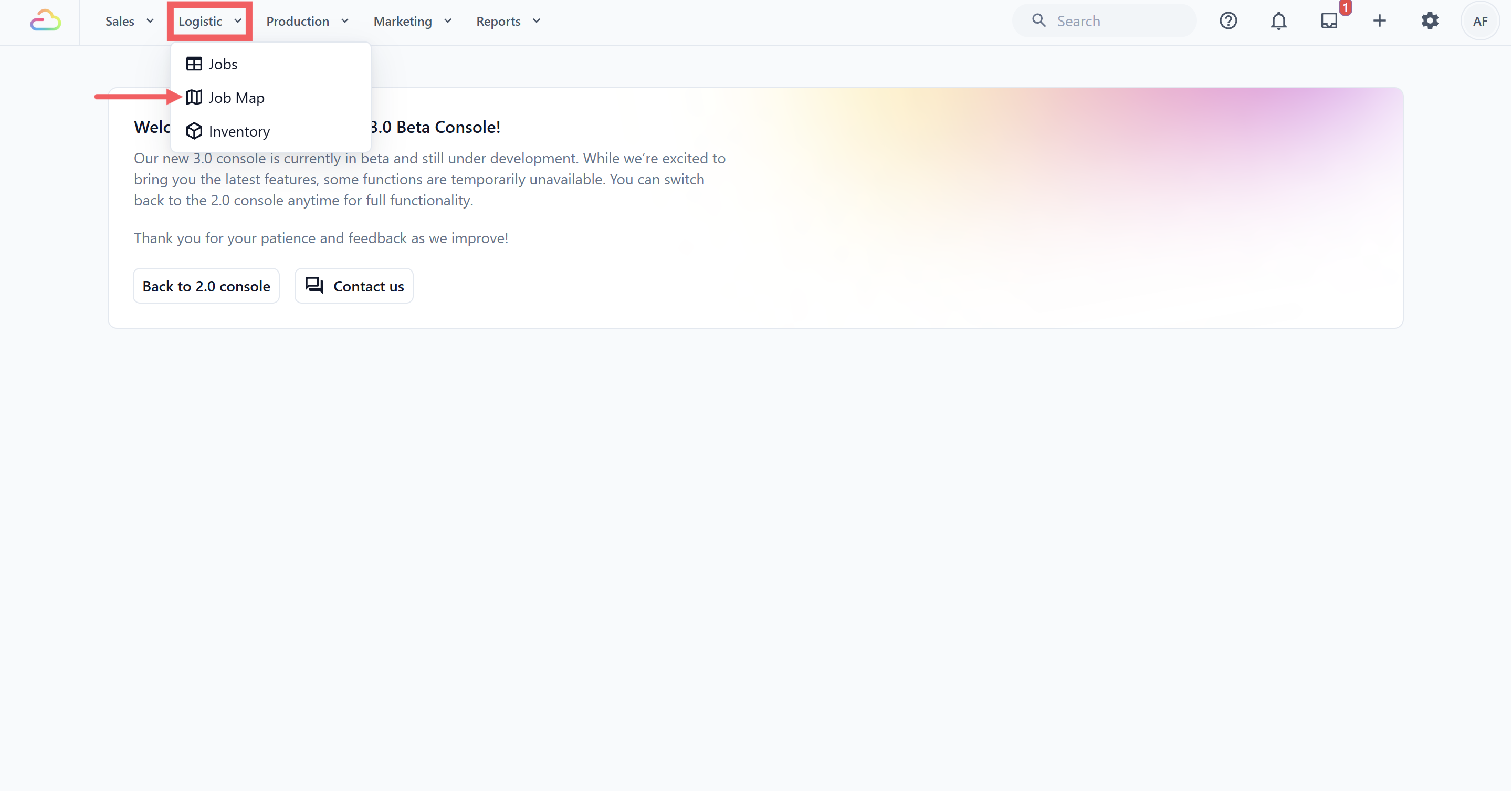 SCREENSHOT PLACEHOLDER — Logistic dropdown with Job Map selected, followed by the full Job Map page