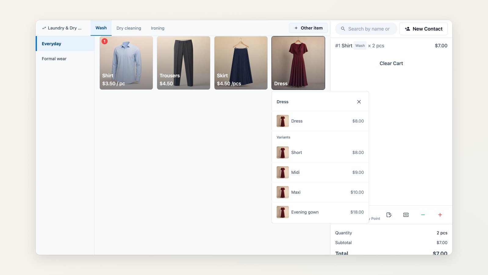 The EasyBiz POS checkout with laundry items in the cart