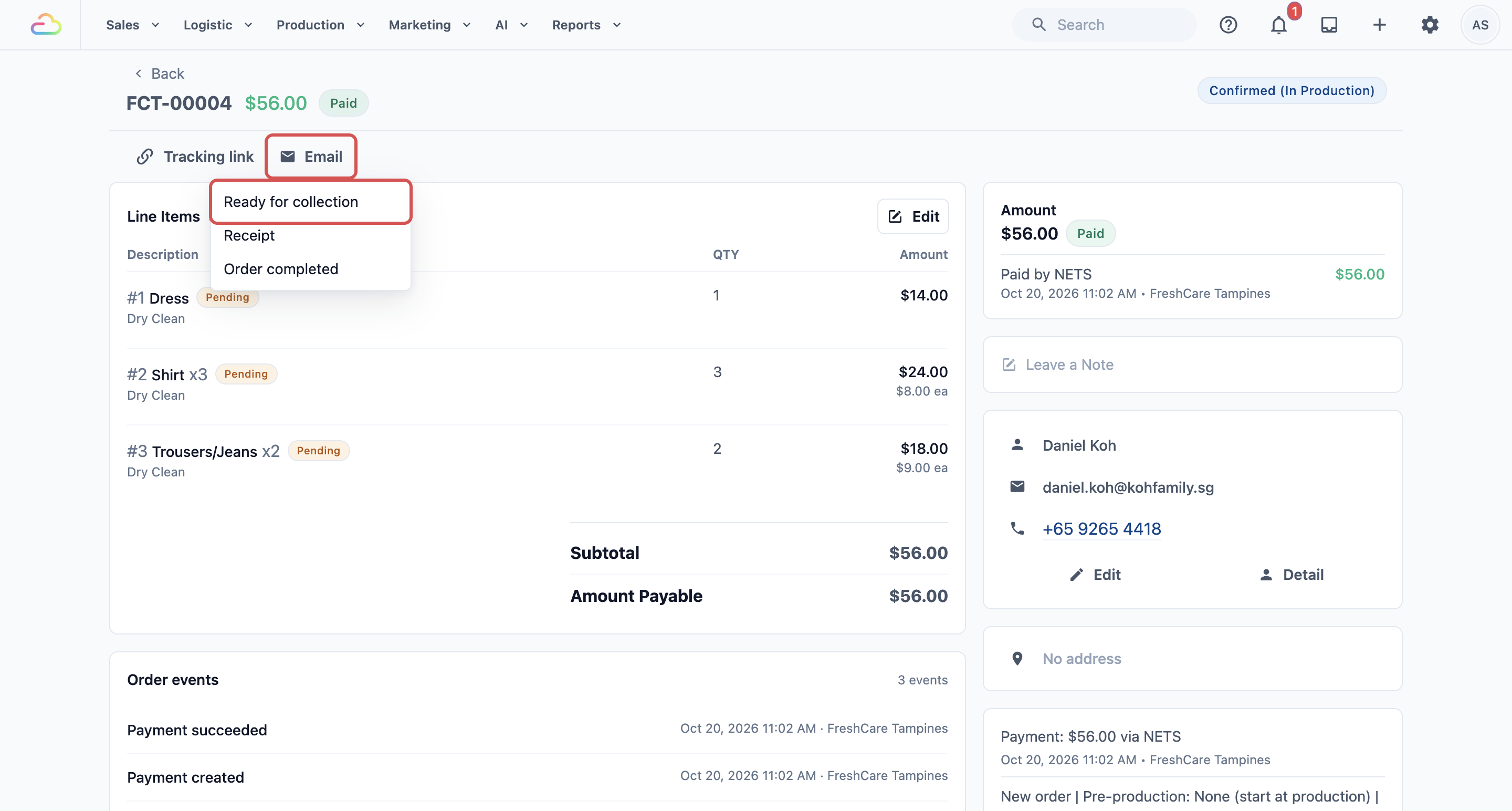 Order page Email menu with Ready for collection