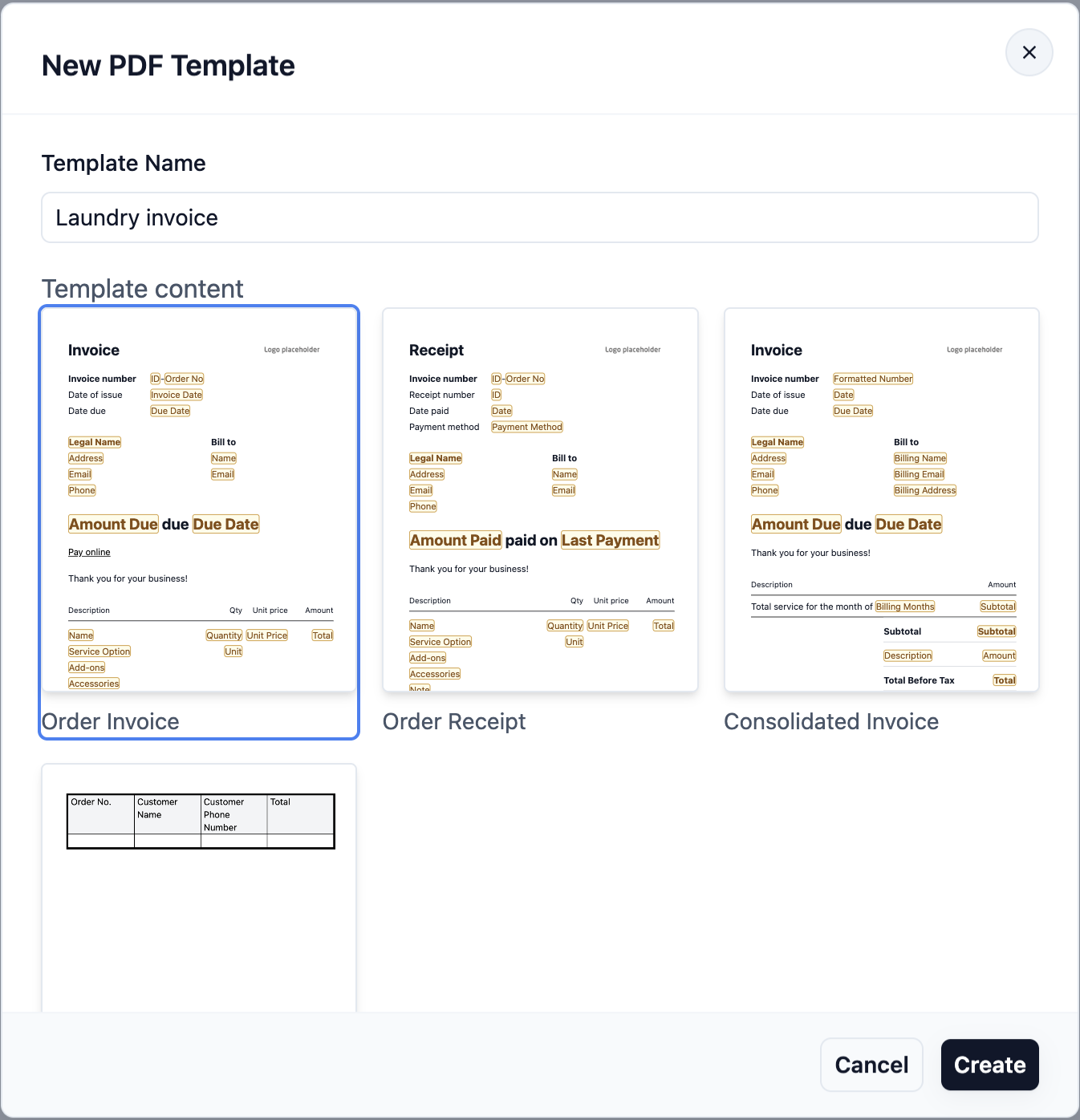New PDF Template window with a template name typed and the Order Invoice layout selected