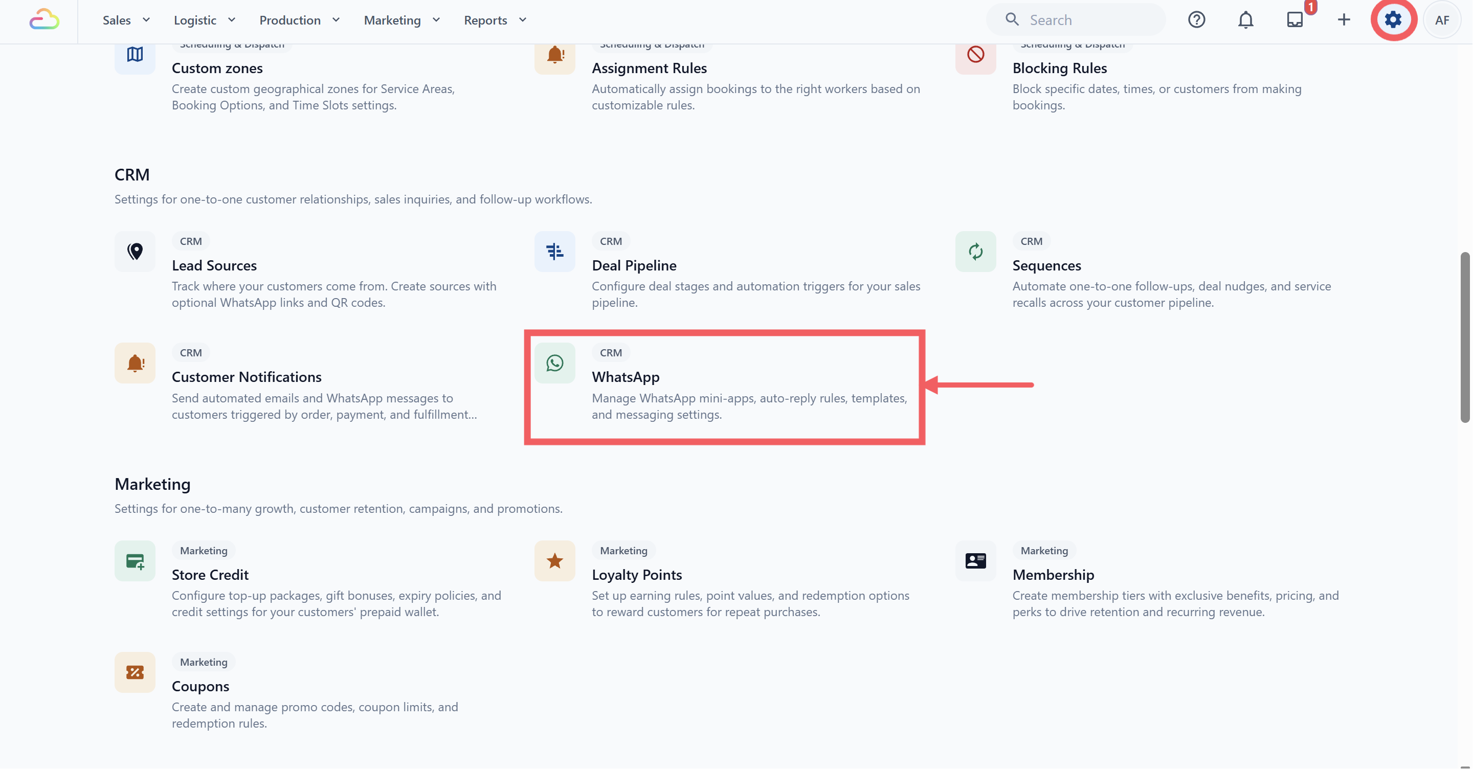 The Settings overview page scrolled to the CRM section, with the WhatsApp card visible