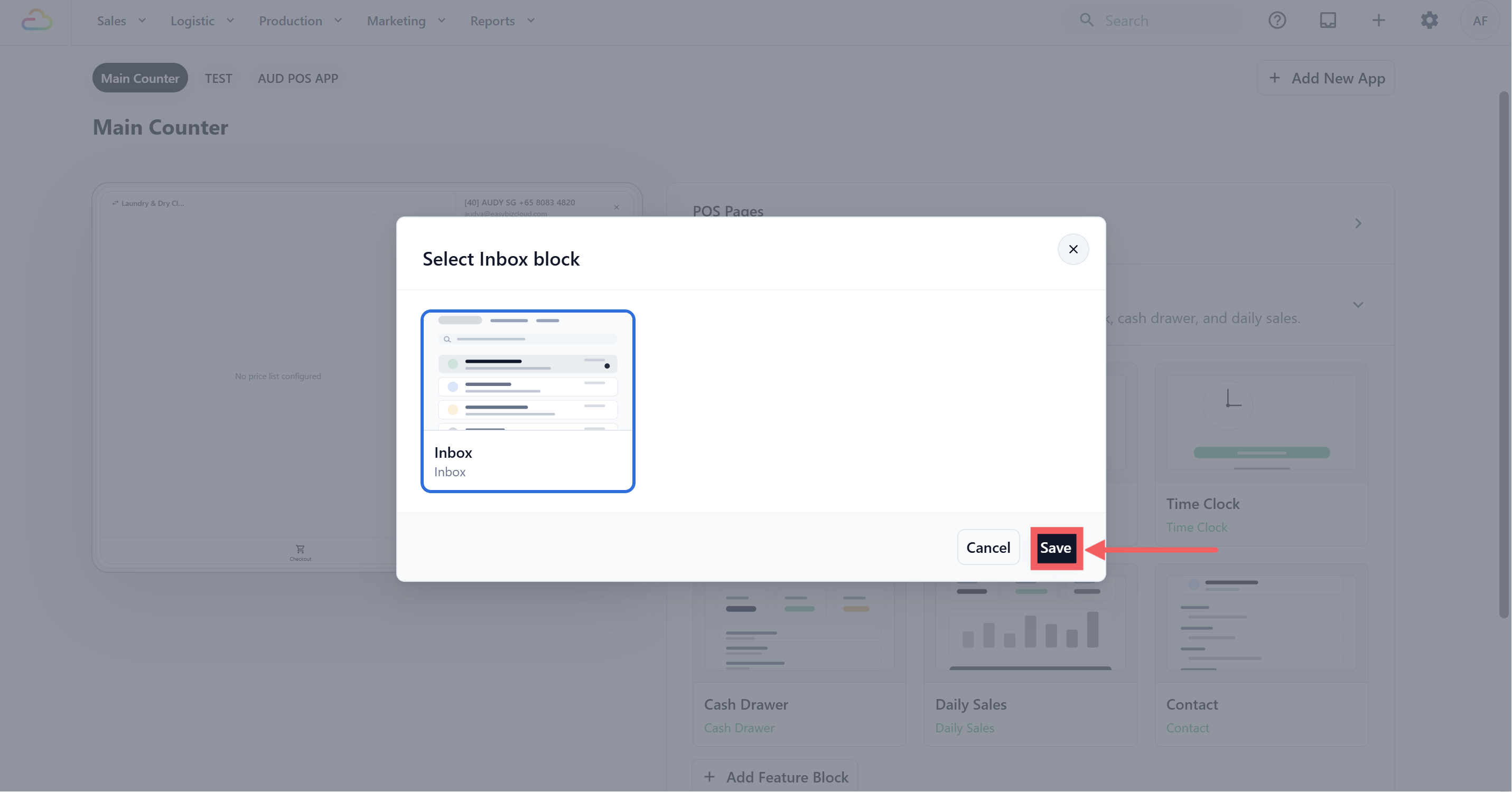 In the Add Feature Block dialog, click the Inbox card.