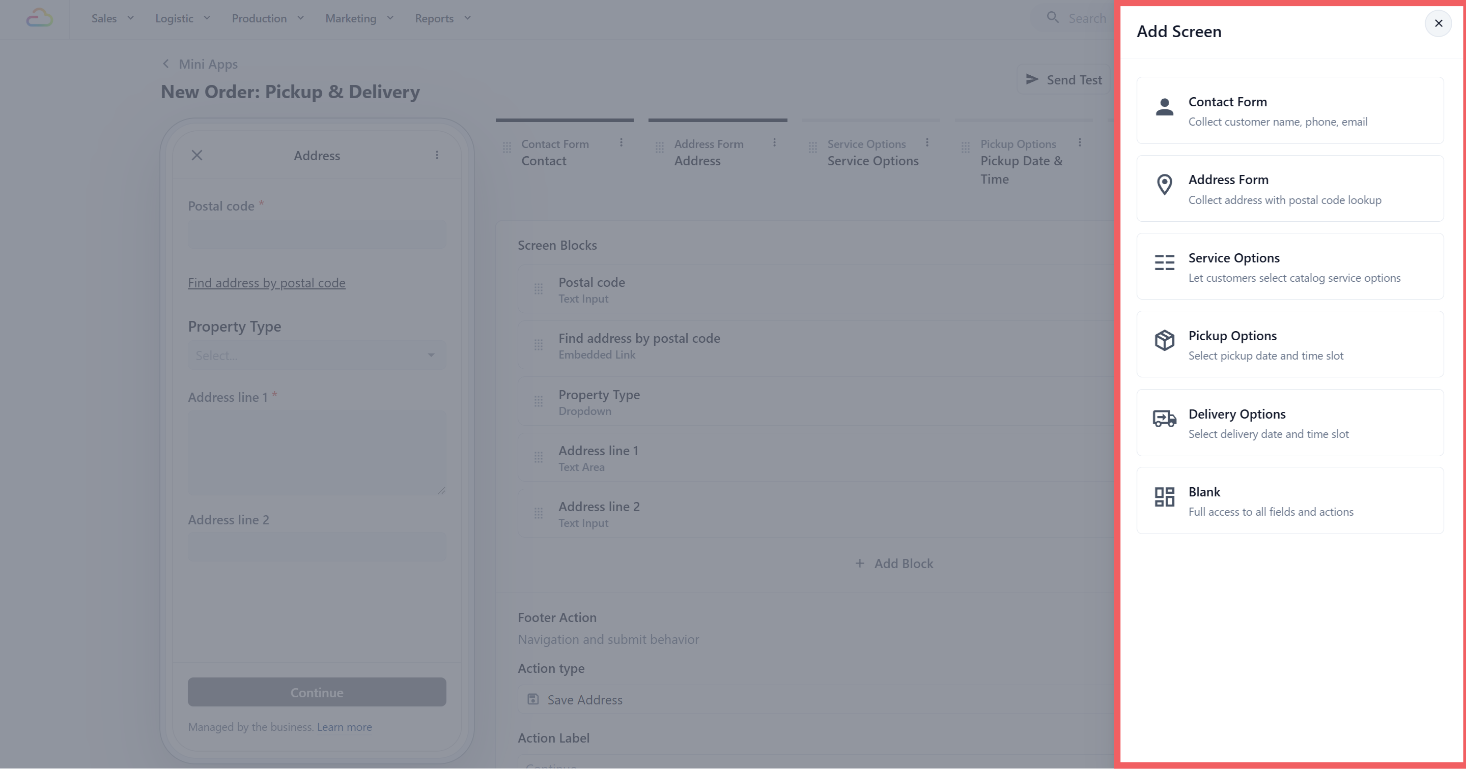 The Add Screen drawer showing all six screen type cards in order